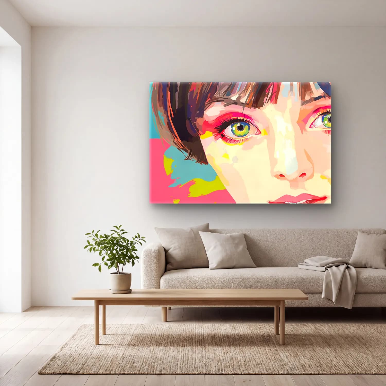 Pop Art Kız Çocuğu Portresi cam tablo — açık renk salonda
