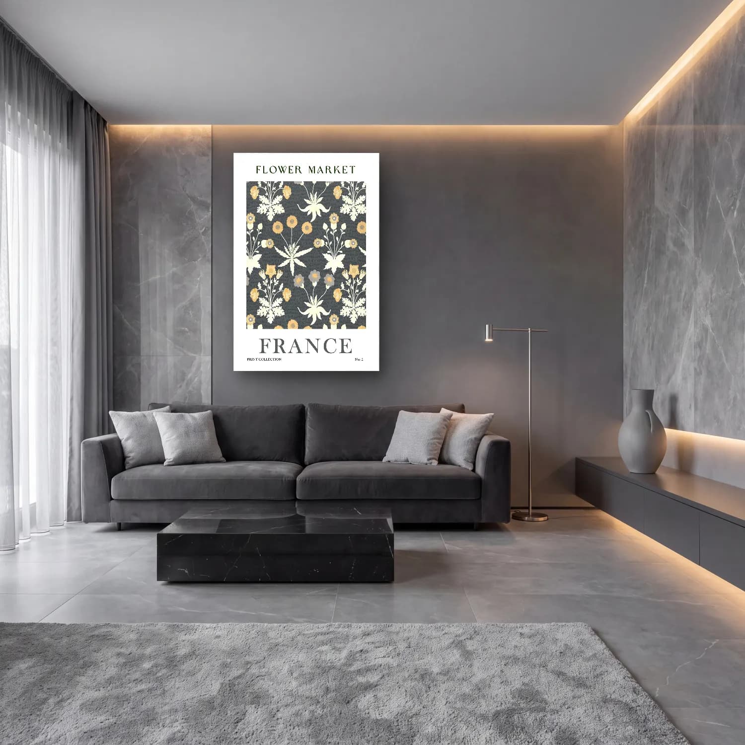 Boho Çiçek Deseni No. 130 cam tablo — lüks salon duvarında