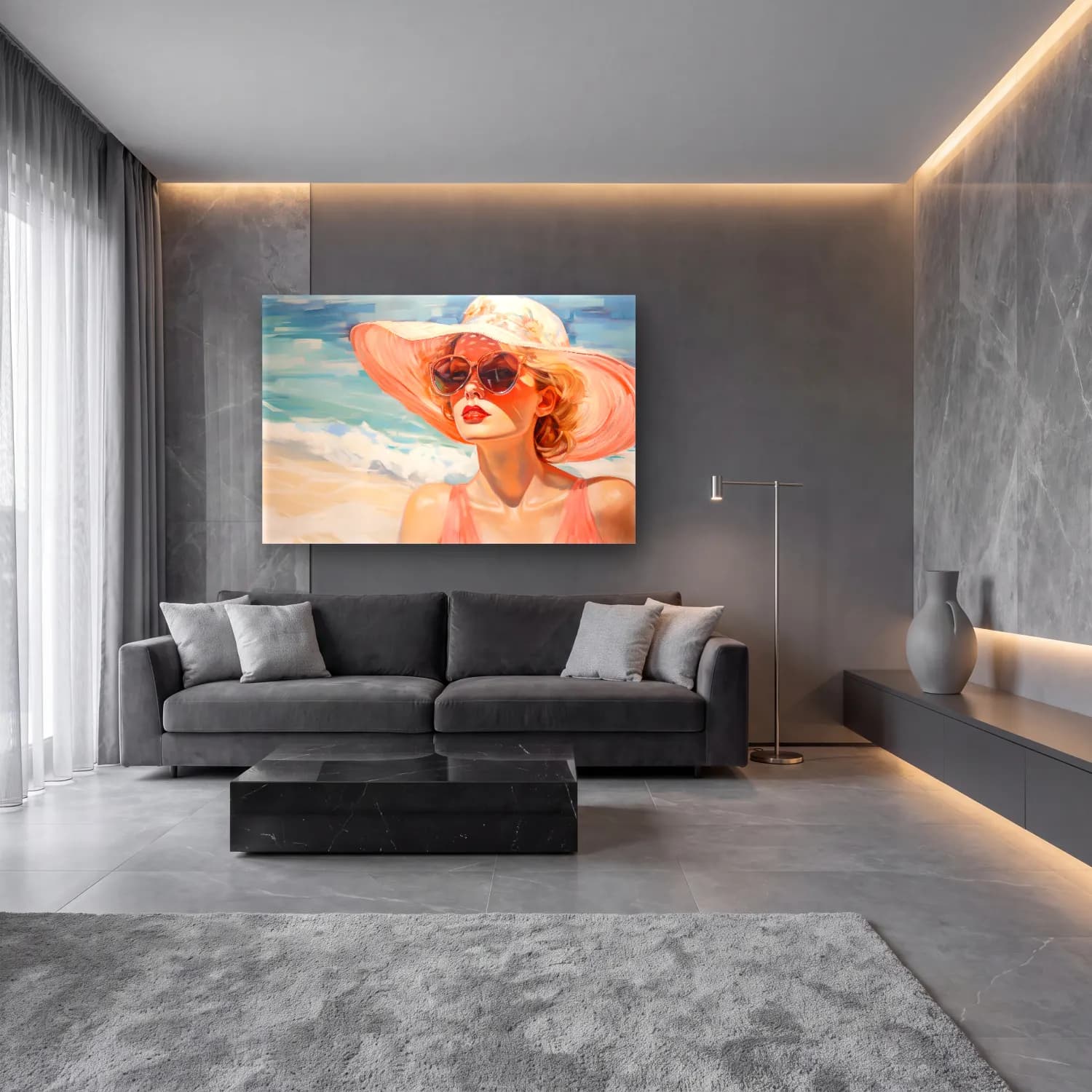 Yağlı Boya Şapkalı Kadın – Pastel Tonlar cam tablo — lüks salon duvarında