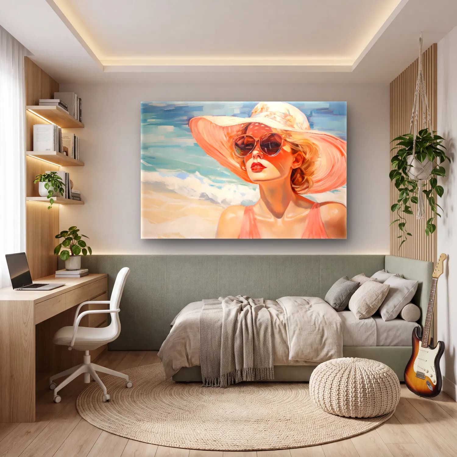 Yağlı Boya Şapkalı Kadın – Pastel Tonlar cam tablo — genç odasında
