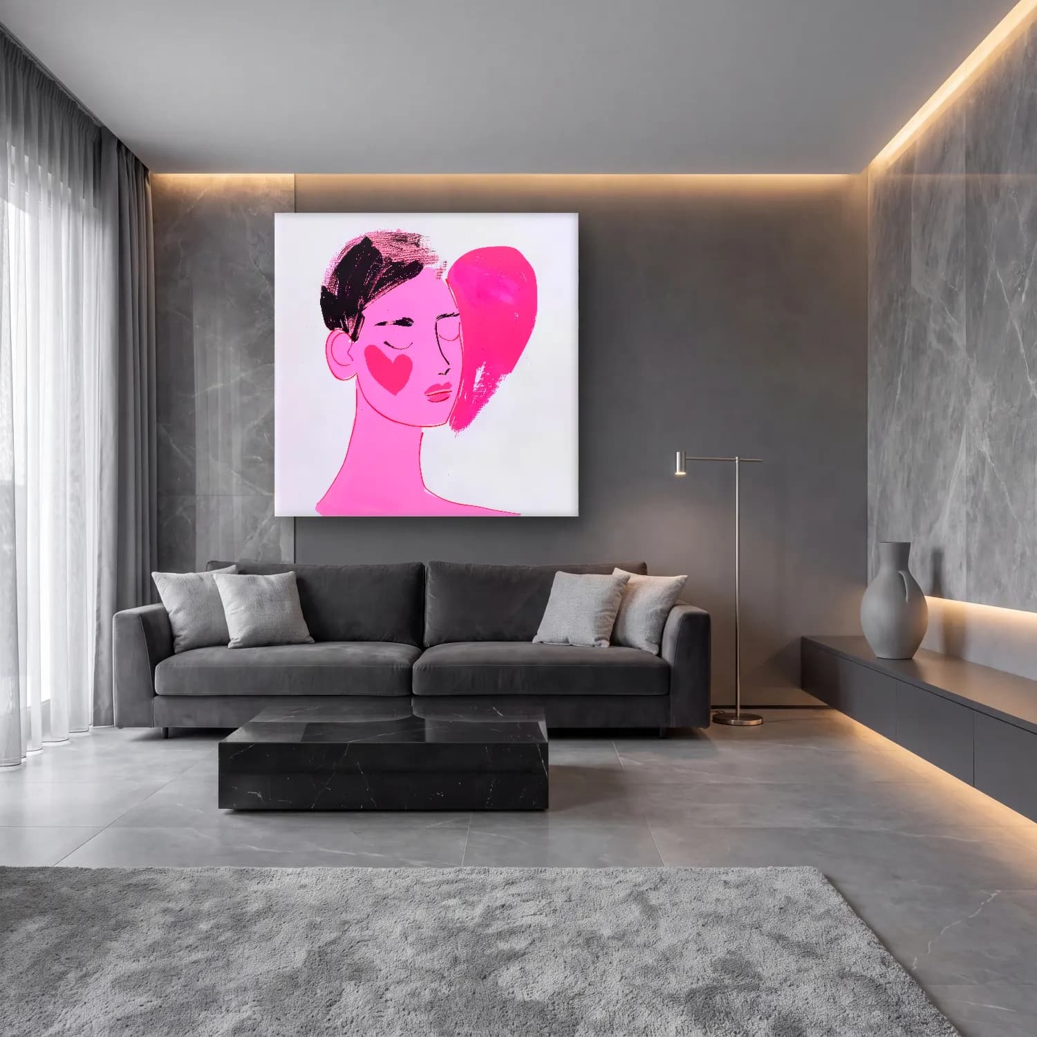 Pop Art Kadın Portresi – Pembe Tonlar cam tablo — lüks salon duvarında