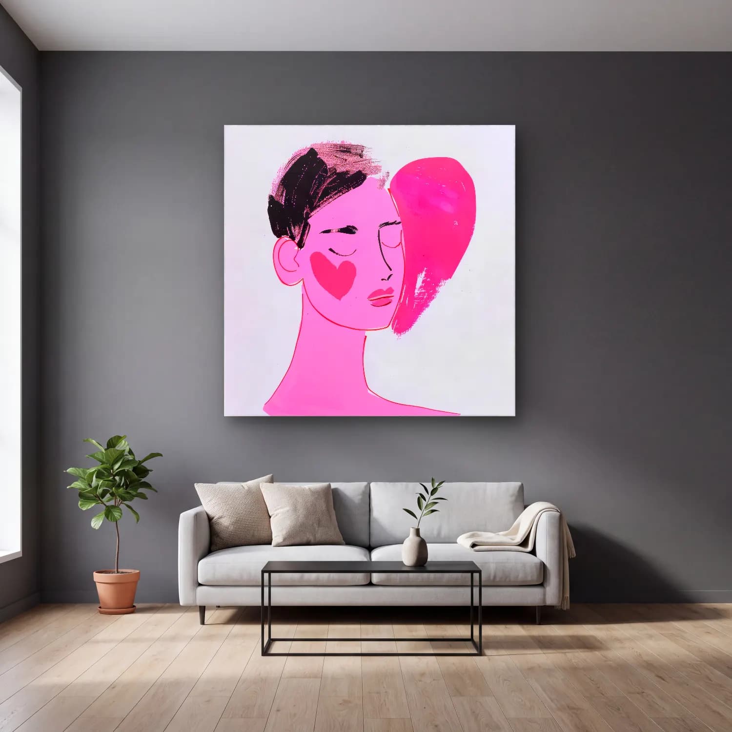Pop Art Kadın Portresi – Pembe Tonlar cam tablo — gri duvarlı salonda