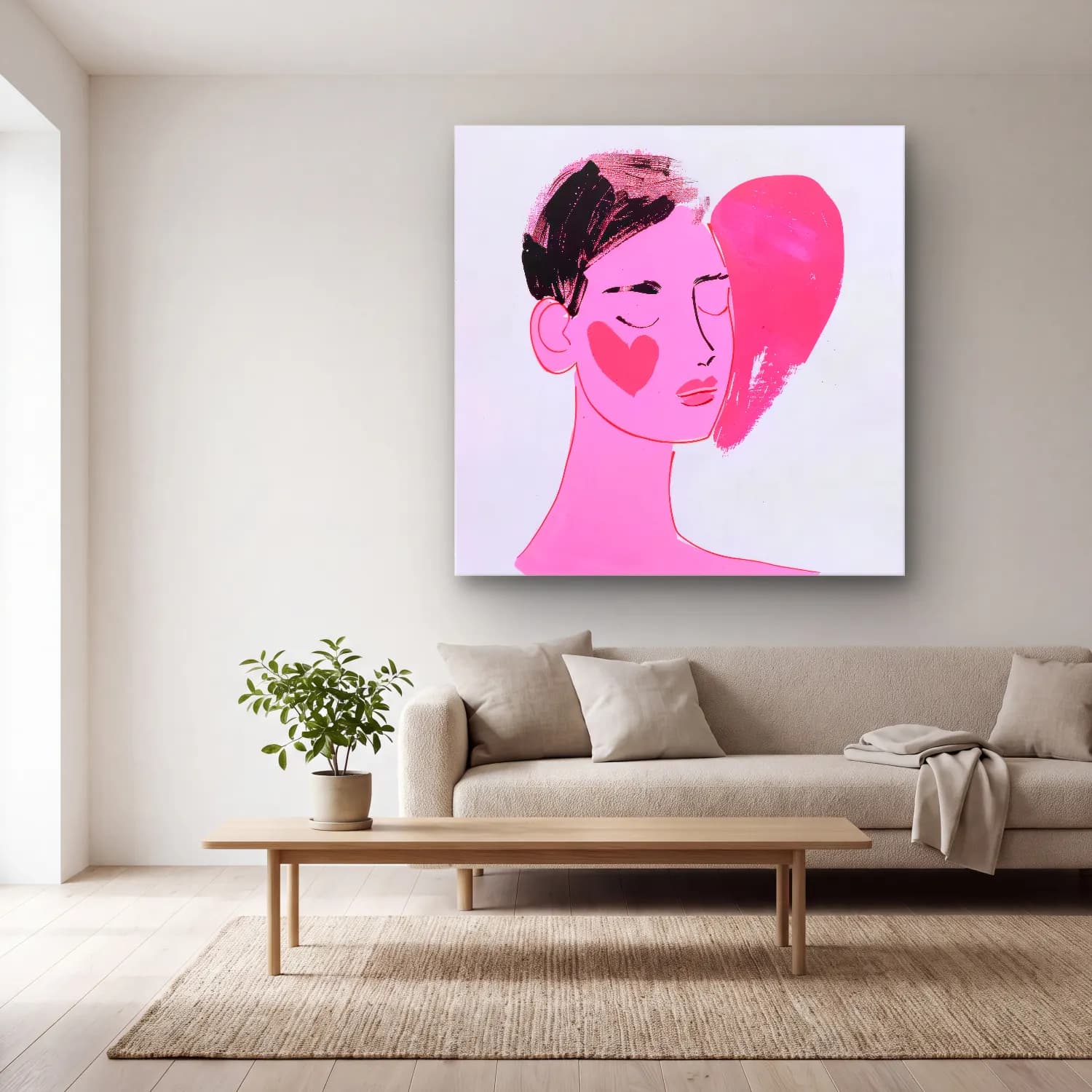 Pop Art Kadın Portresi – Pembe Tonlar cam tablo — açık renk salonda