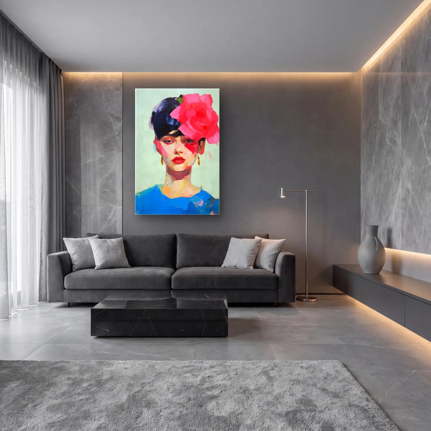 Yağlı Boya Kadın Portresi – Pembe Tonlar cam tablo — lüks salon duvarında