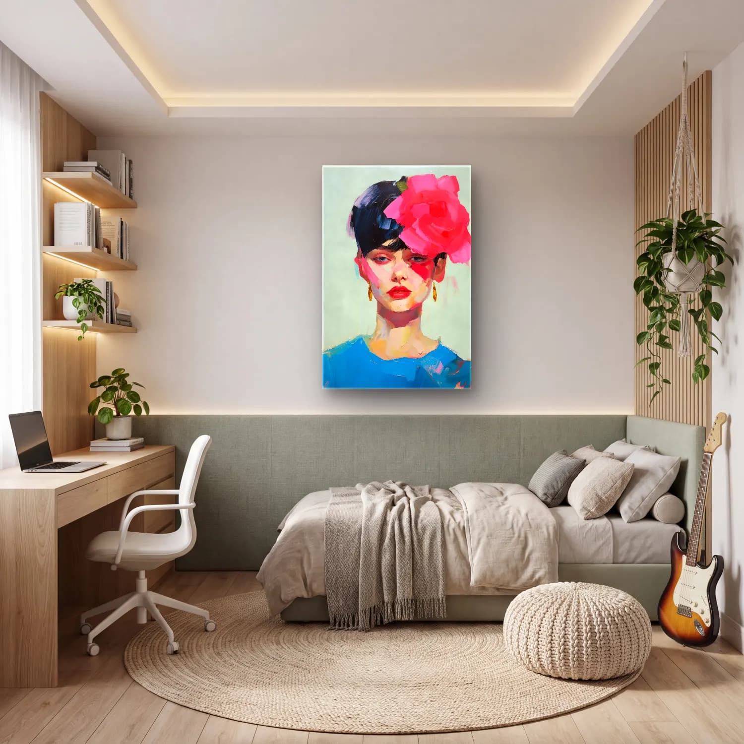 Yağlı Boya Kadın Portresi – Pembe Tonlar cam tablo — genç odasında