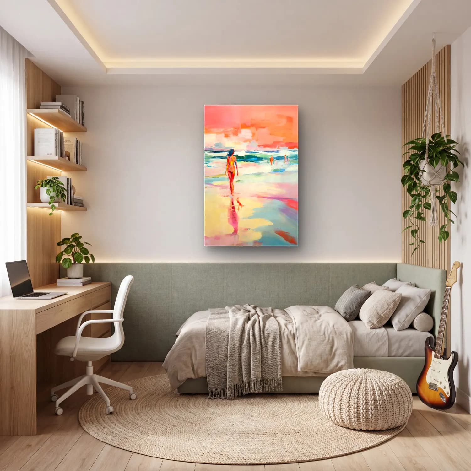 Empresyonist Sahilde İnsanlar – Pastel Tonlar cam tablo — genç odasında