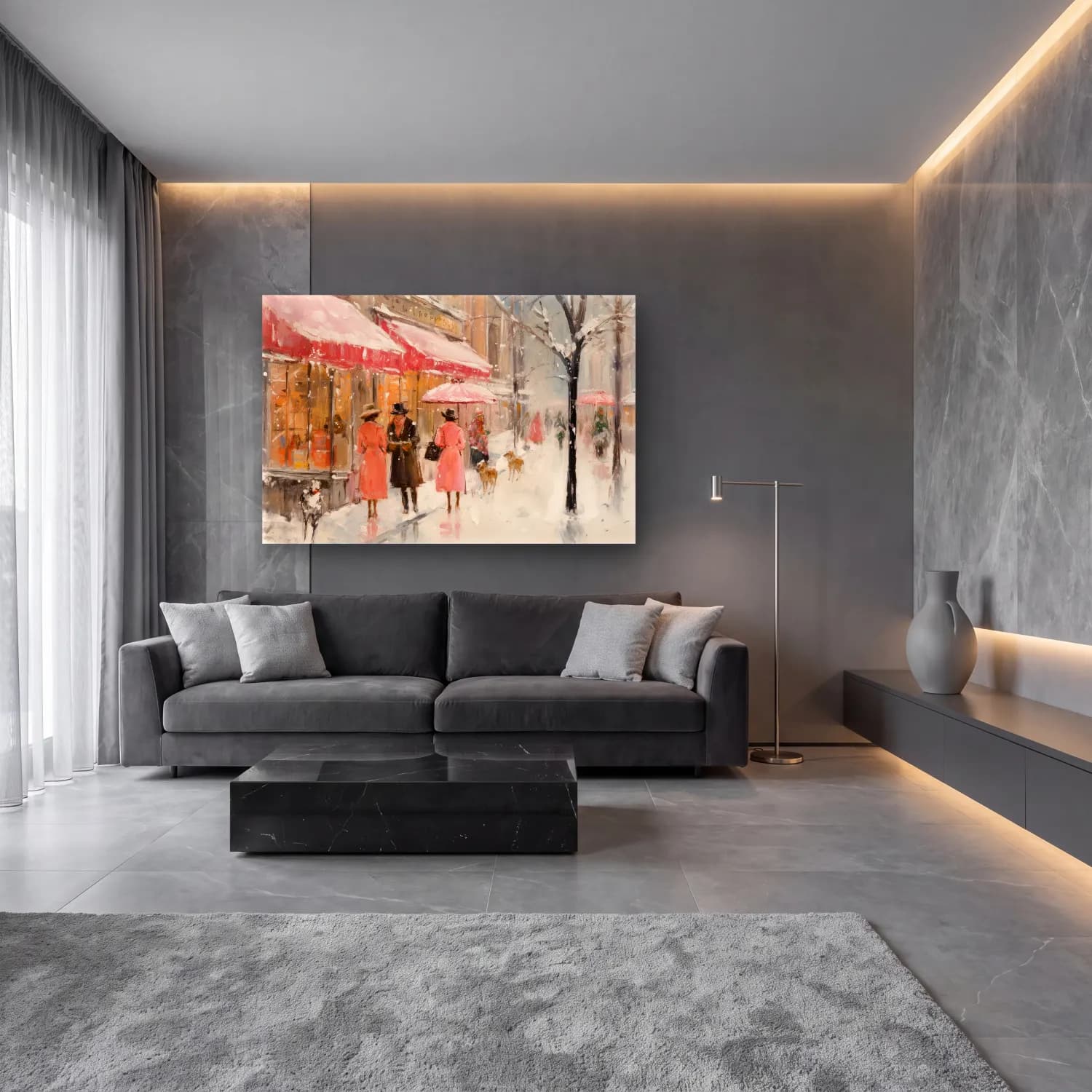 Yağlı Boya Kafeli Avrupa Sokağı cam tablo — lüks salon duvarında
