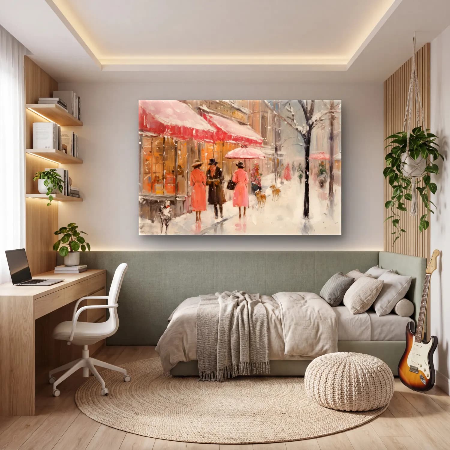 Yağlı Boya Kafeli Avrupa Sokağı cam tablo — genç odasında