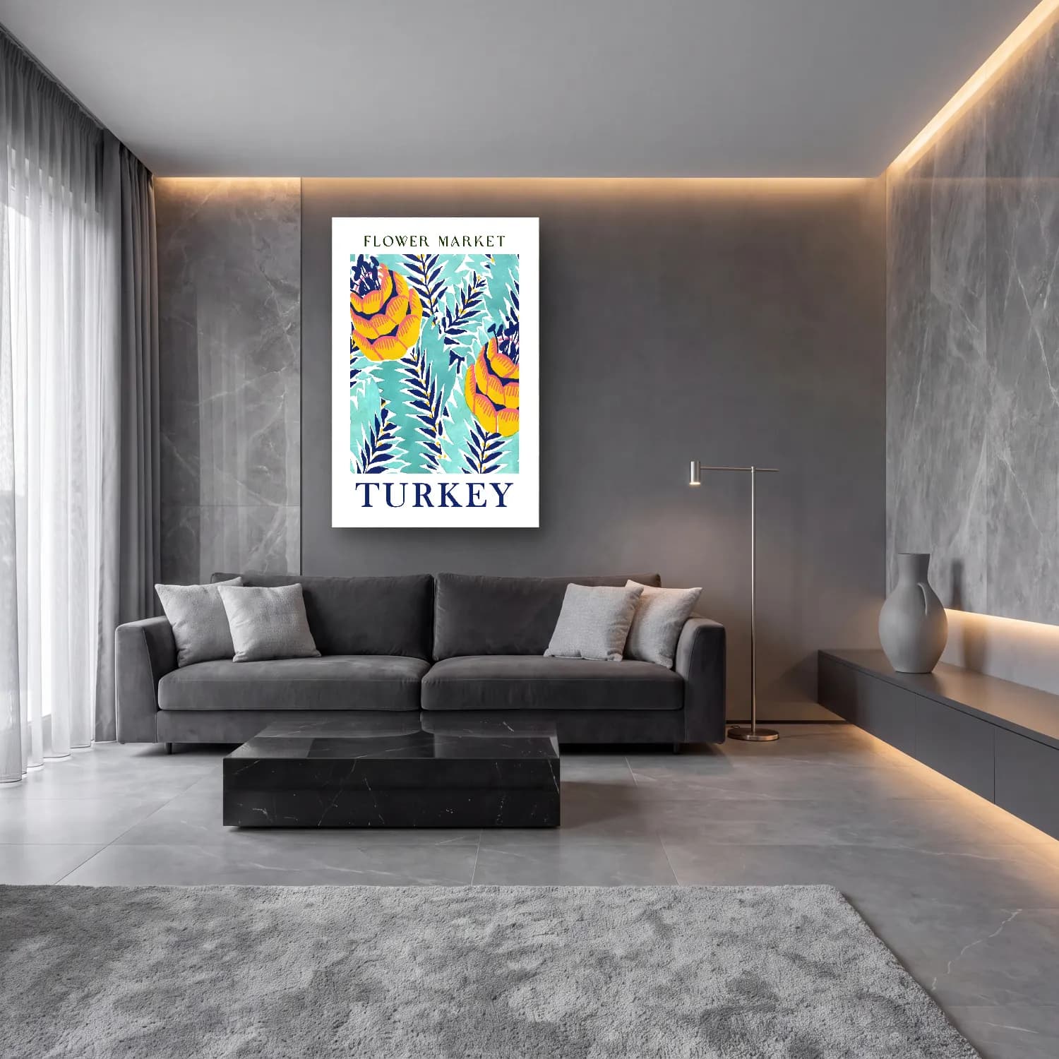 Boho Çiçek Deseni No. 131 cam tablo — lüks salon duvarında