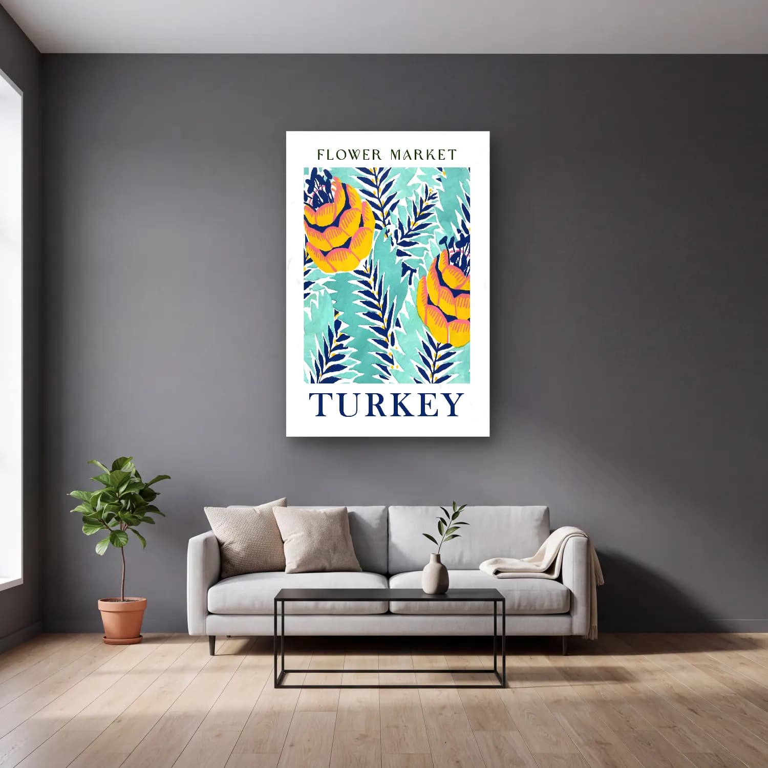 Boho Çiçek Deseni No. 131 cam tablo — gri duvarlı salonda