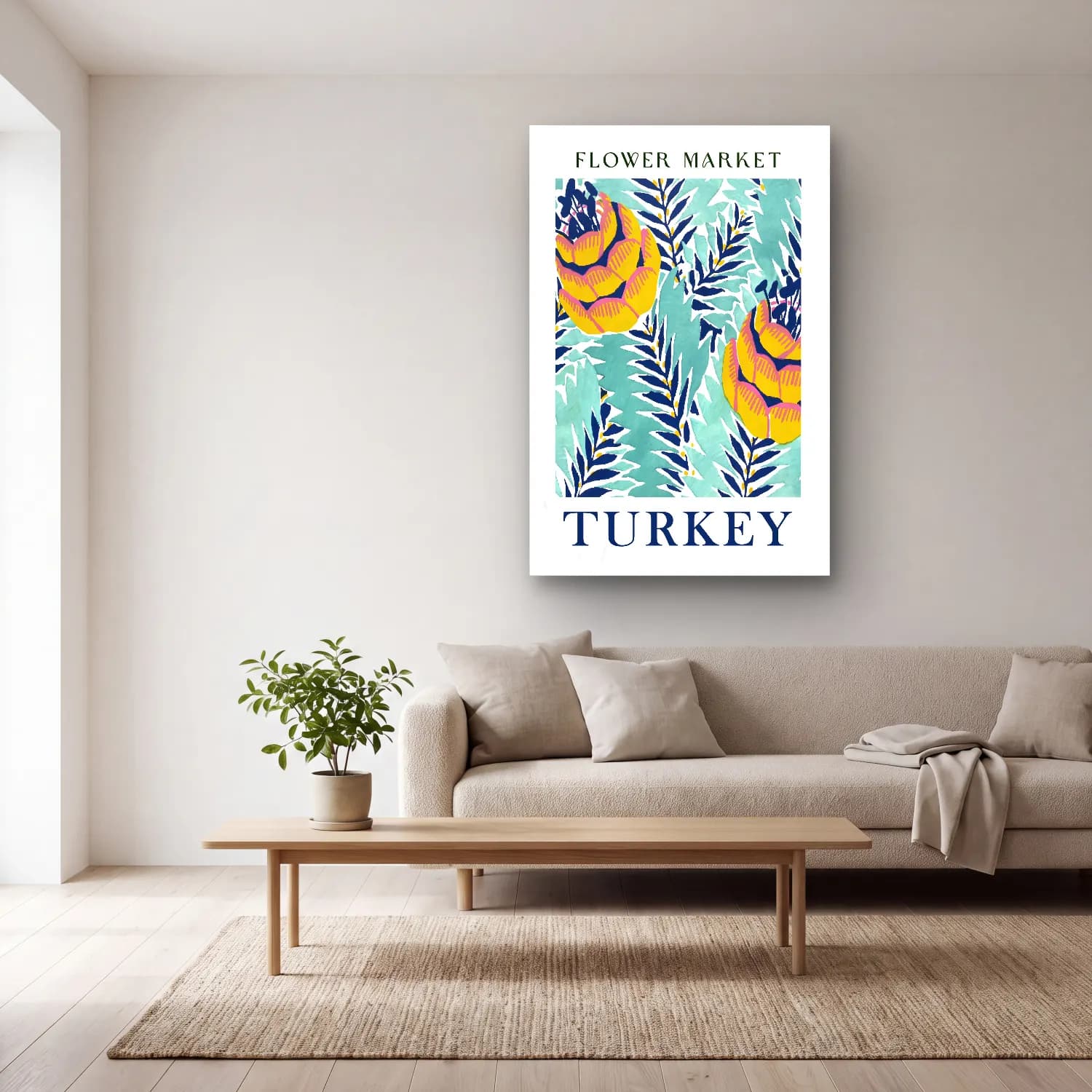 Boho Çiçek Deseni No. 131 cam tablo — açık renk salonda