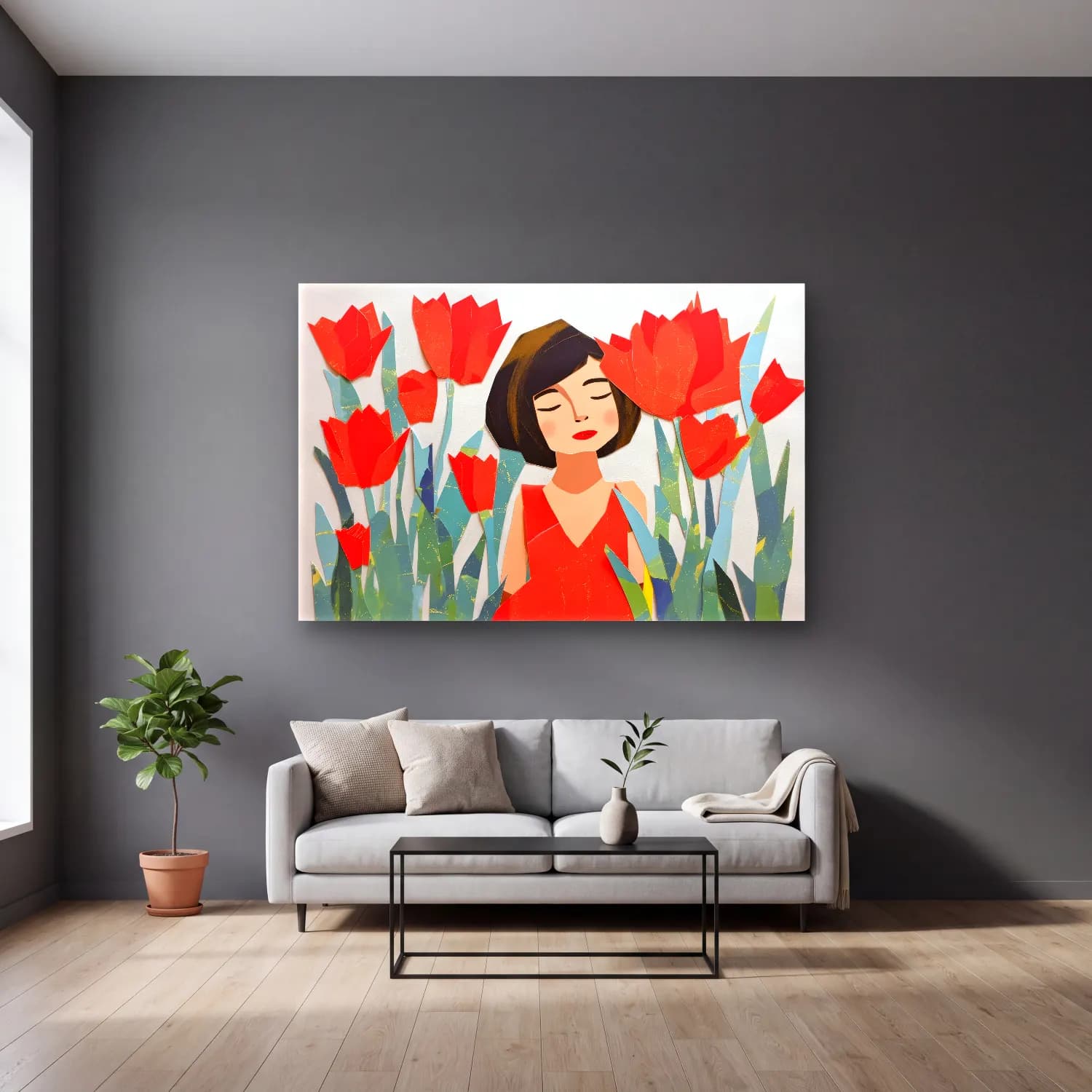 Pop Art Laleler cam tablo — gri duvarlı salonda