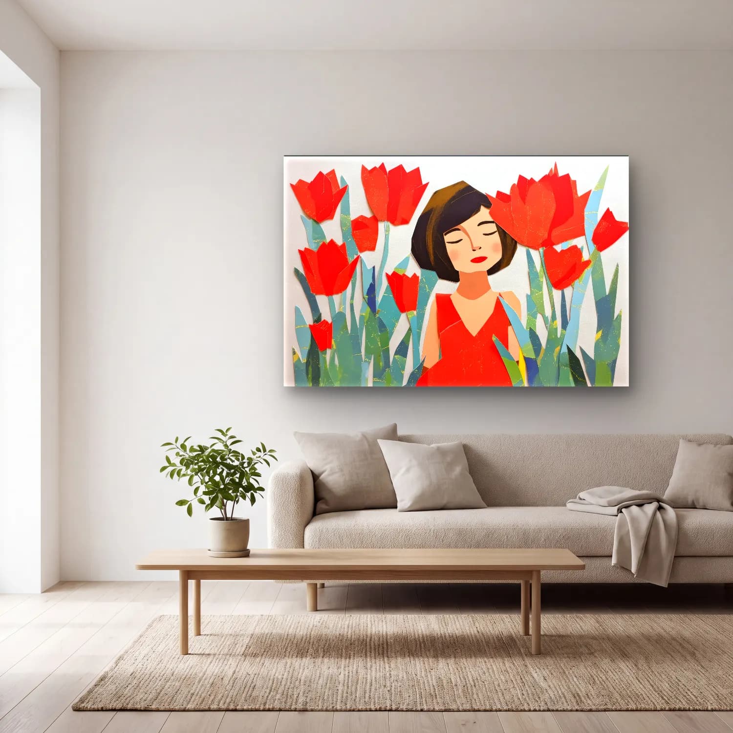 Pop Art Laleler cam tablo — açık renk salonda