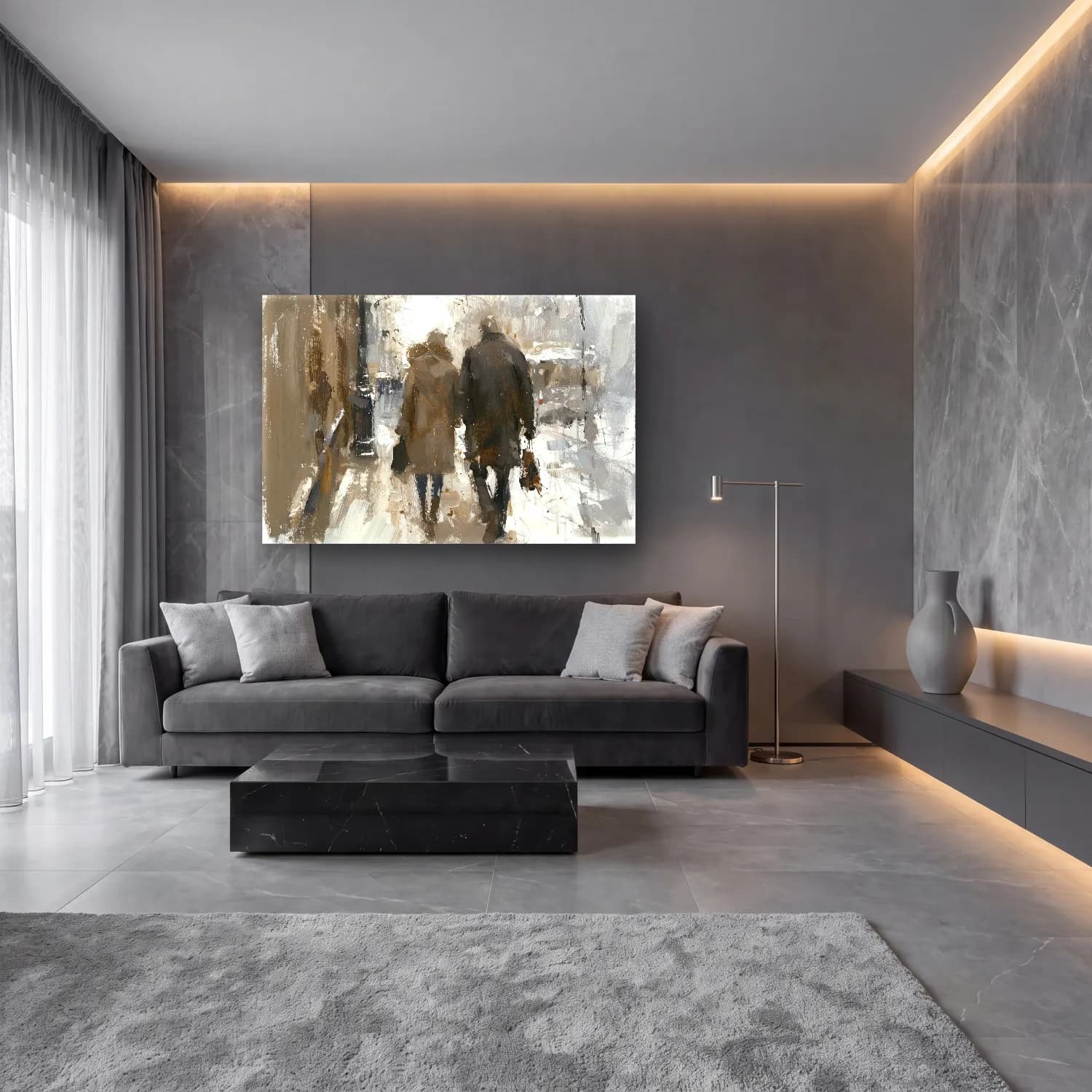 Yağlı Boya Aşıklar – Bej Tonlar cam tablo — lüks salon duvarında