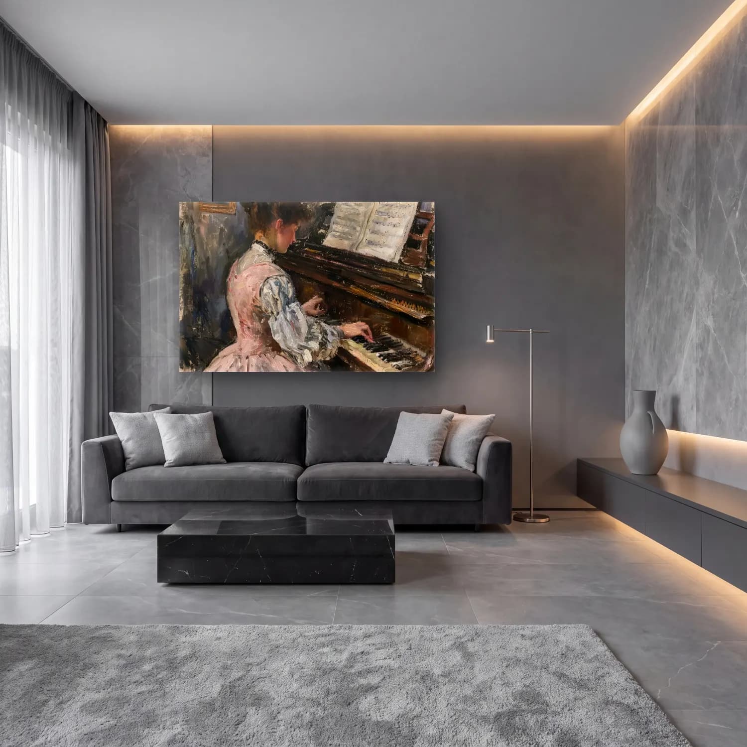 Empresyonist Piyano No. 4 cam tablo — lüks salon duvarında