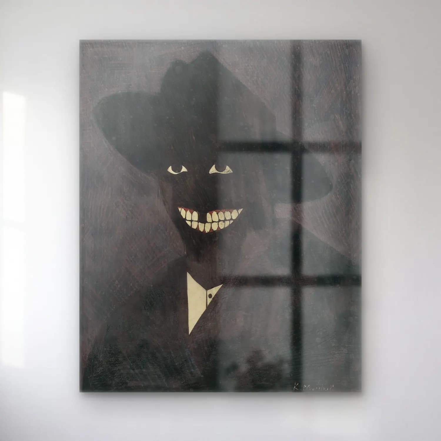 Kerry James Marshall – Erkek Portresi cam tablo — Kerry James Marshall – Erkek Portresi — siyah beyaz erkek portresi
