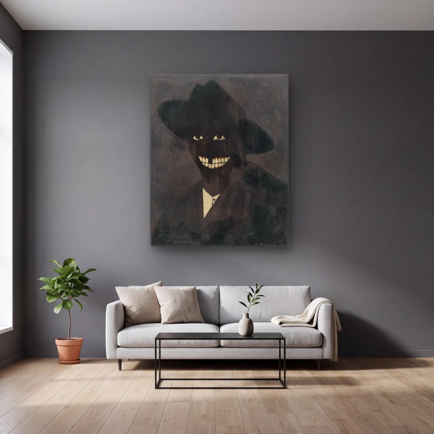 Kerry James Marshall – Erkek Portresi cam tablo — gri duvarlı salonda