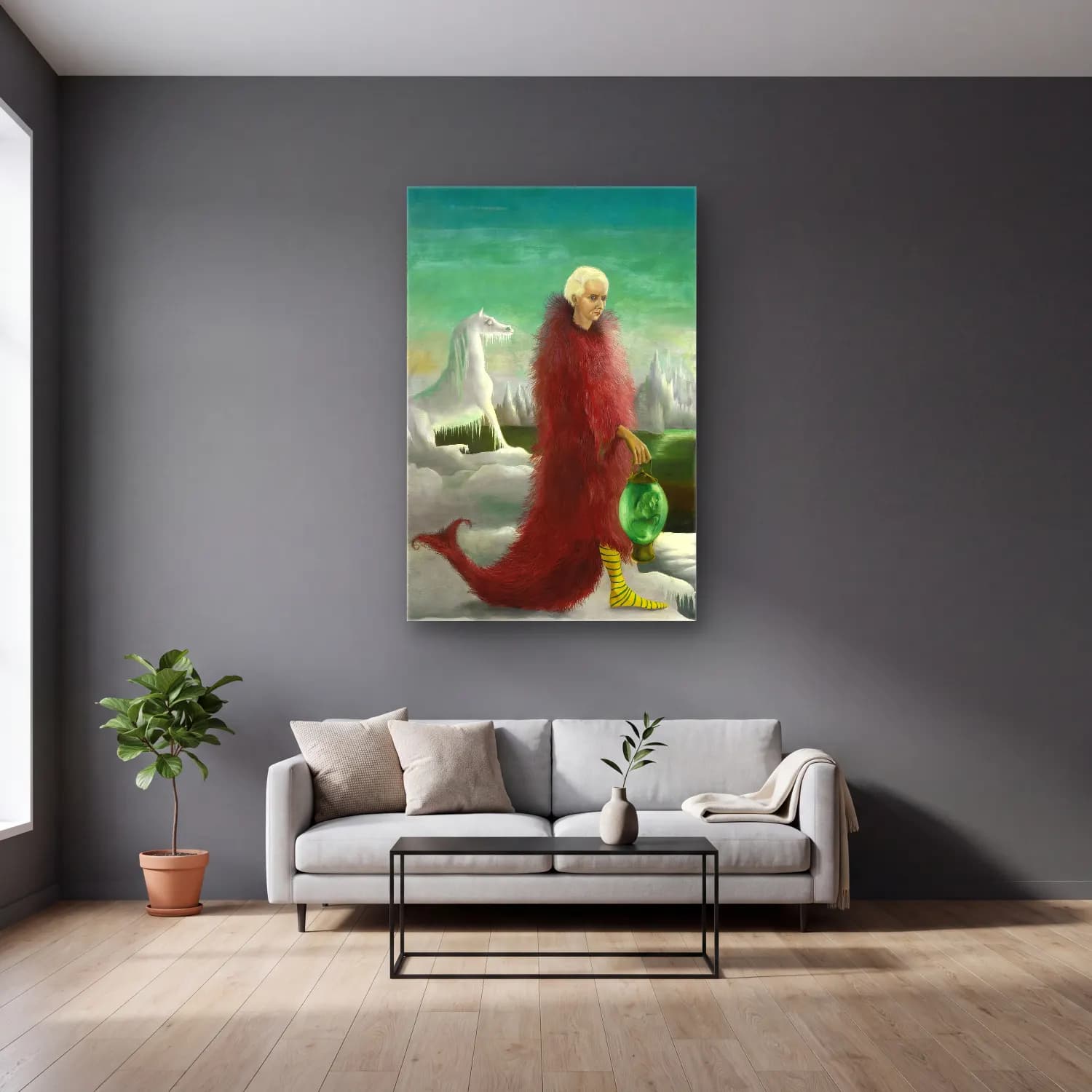 Leonora Carrington – Kadın Portresi cam tablo — gri duvarlı salonda