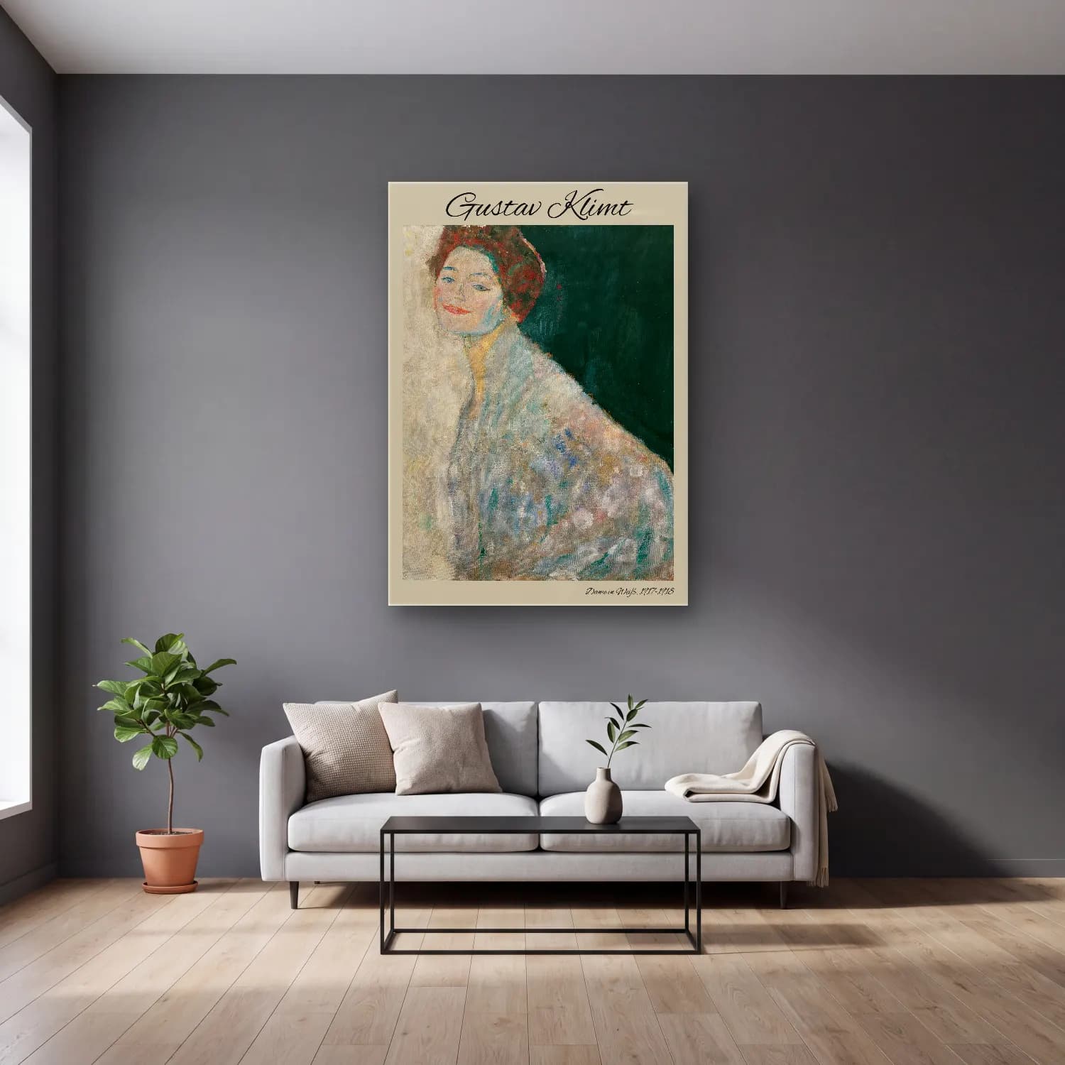 Gustav Klimt – Kadın Portresi cam tablo — gri duvarlı salonda