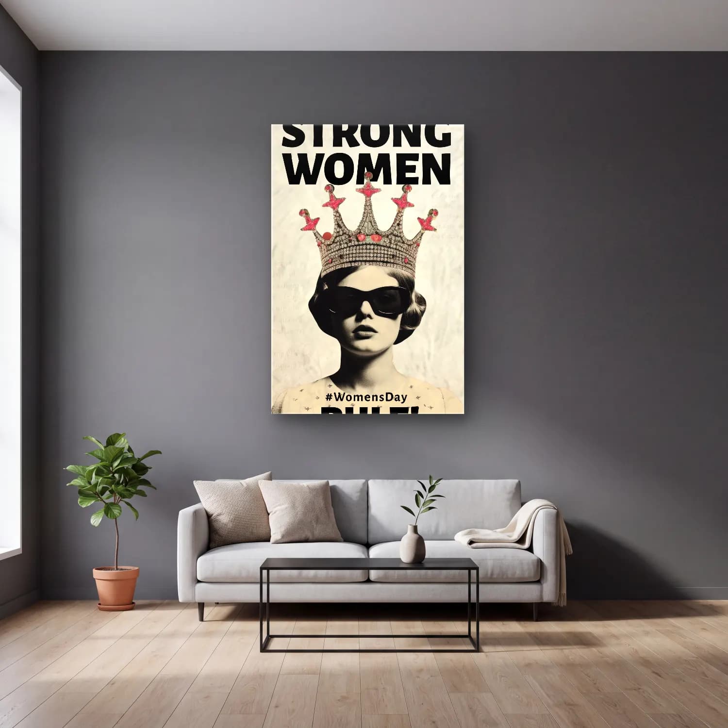 Vintage Poster Şapkalı Kadın – Pembe Tonlar cam tablo — gri duvarlı salonda