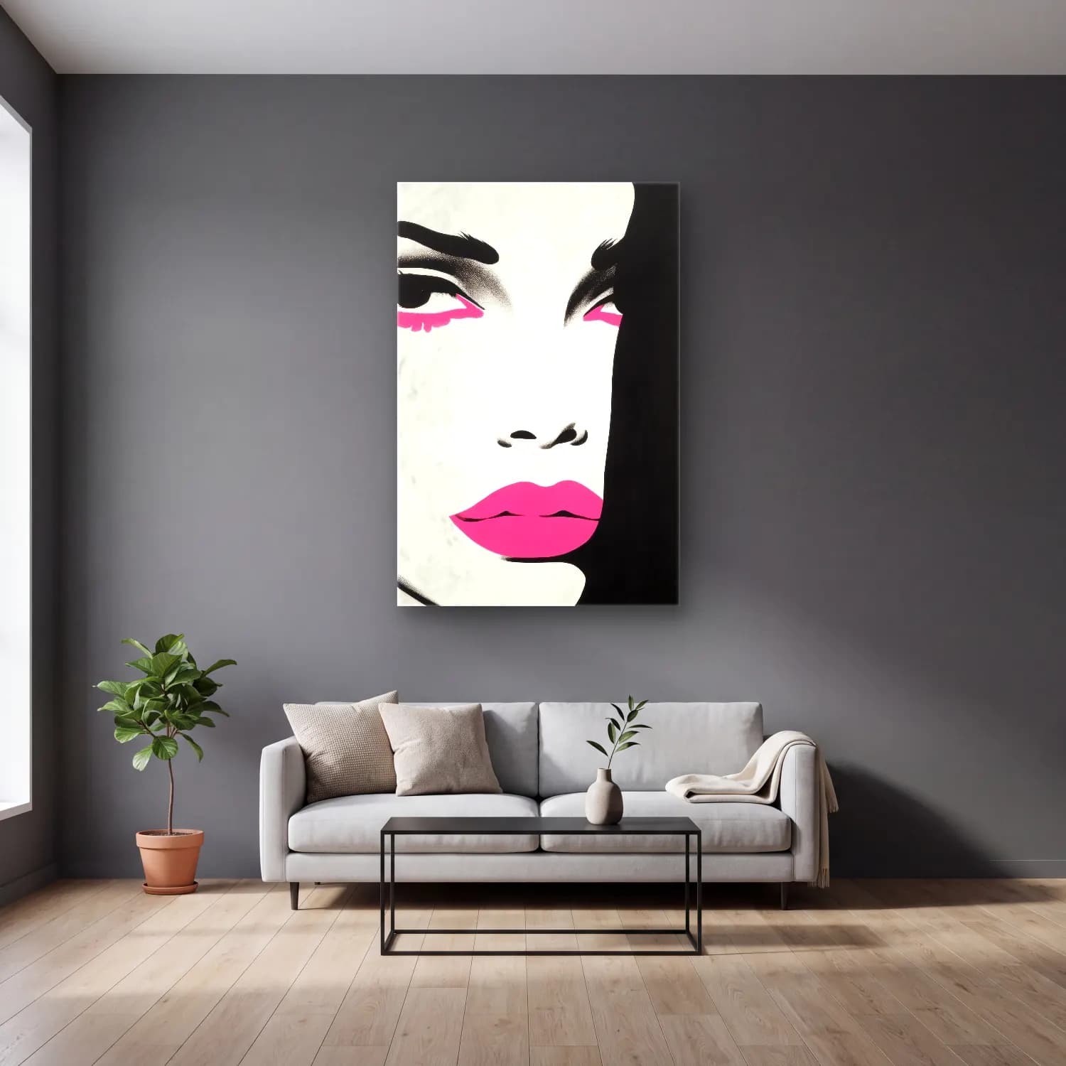 Pop Art Moda İllüstrasyonu – Pembe Tonlar cam tablo — gri duvarlı salonda