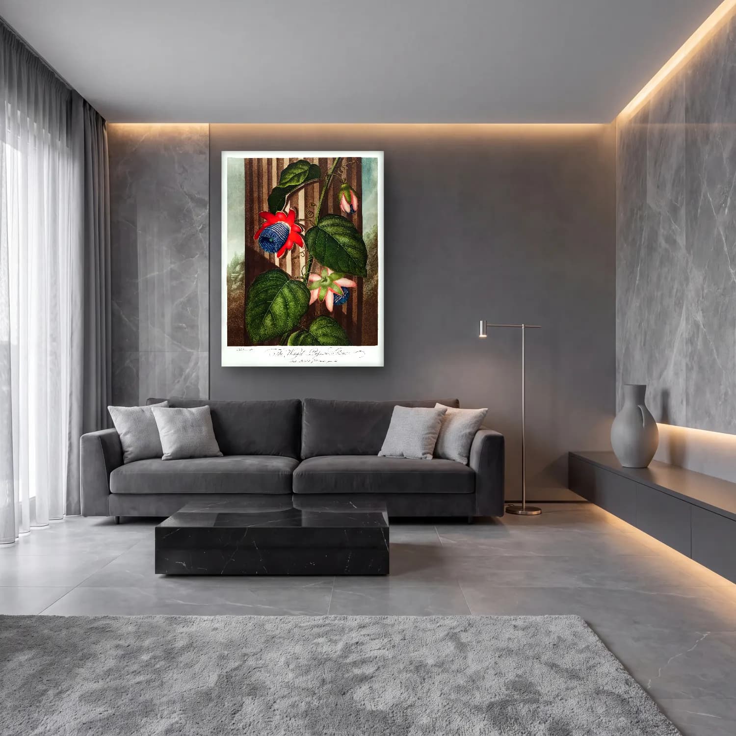 Botanik İllüstrasyon Çiçek Bahçesi No. 5 cam tablo — lüks salon duvarında