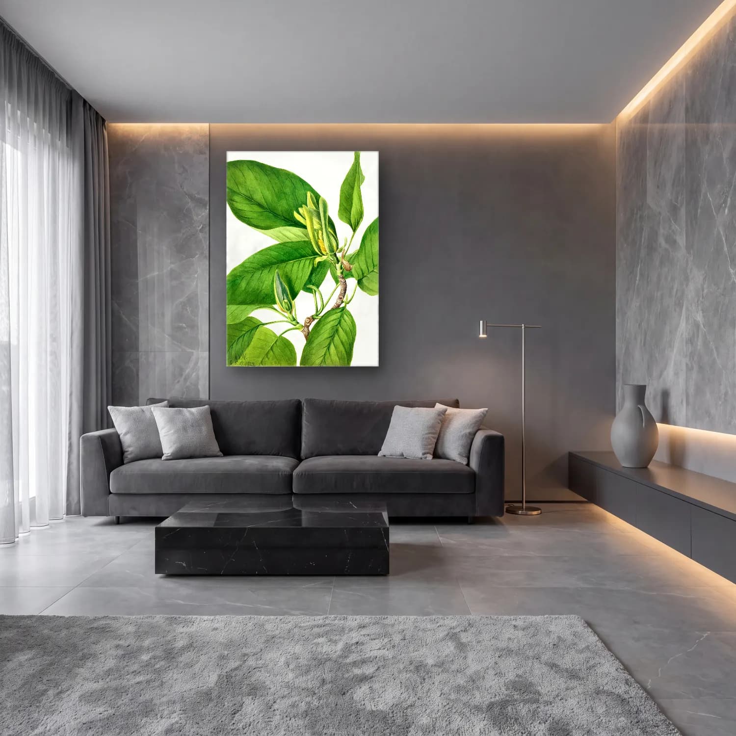 Botanik İllüstrasyon Limon Dalı No. 3 cam tablo — lüks salon duvarında