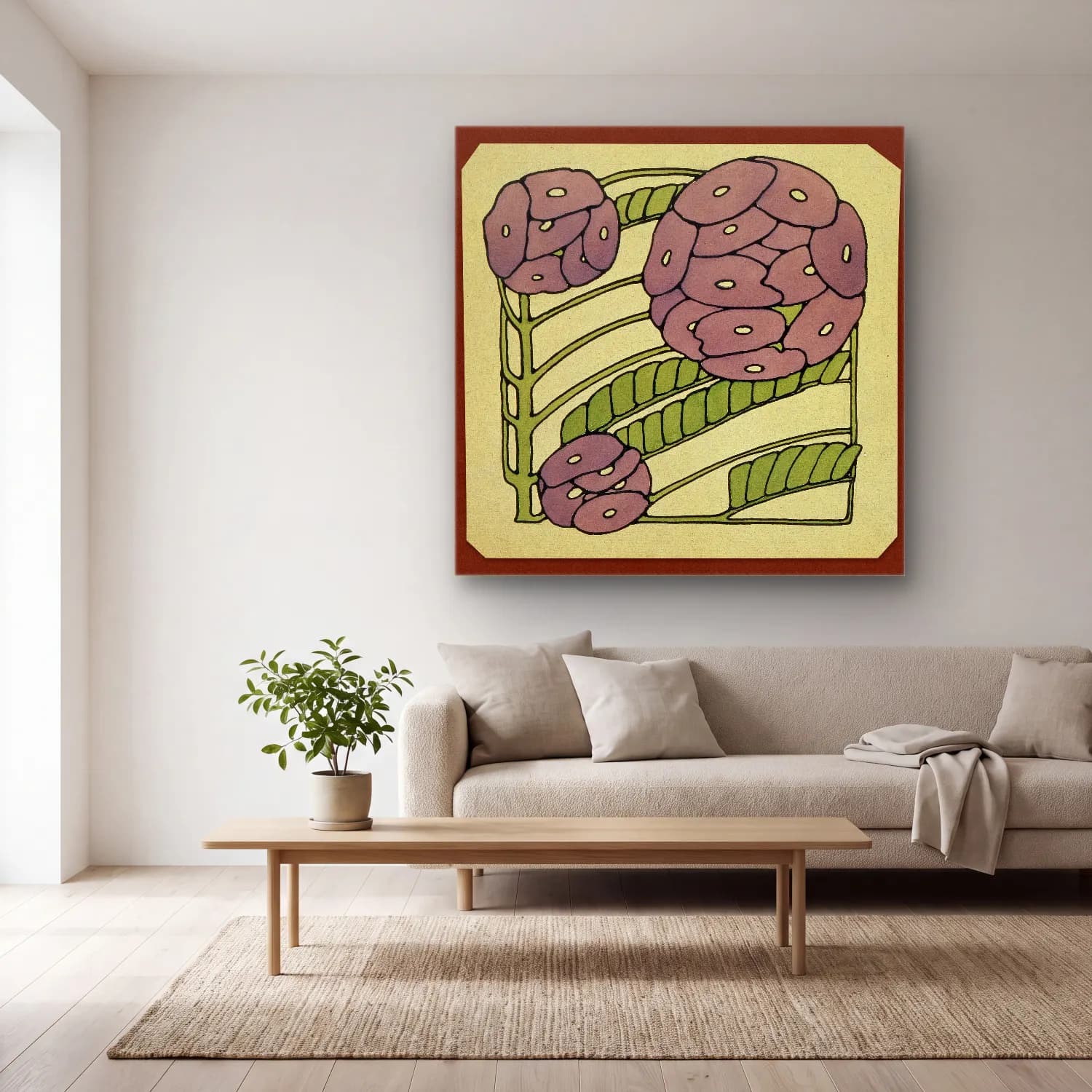 Botanik İllüstrasyon Çiçek Deseni No. 41 cam tablo — açık renk salonda