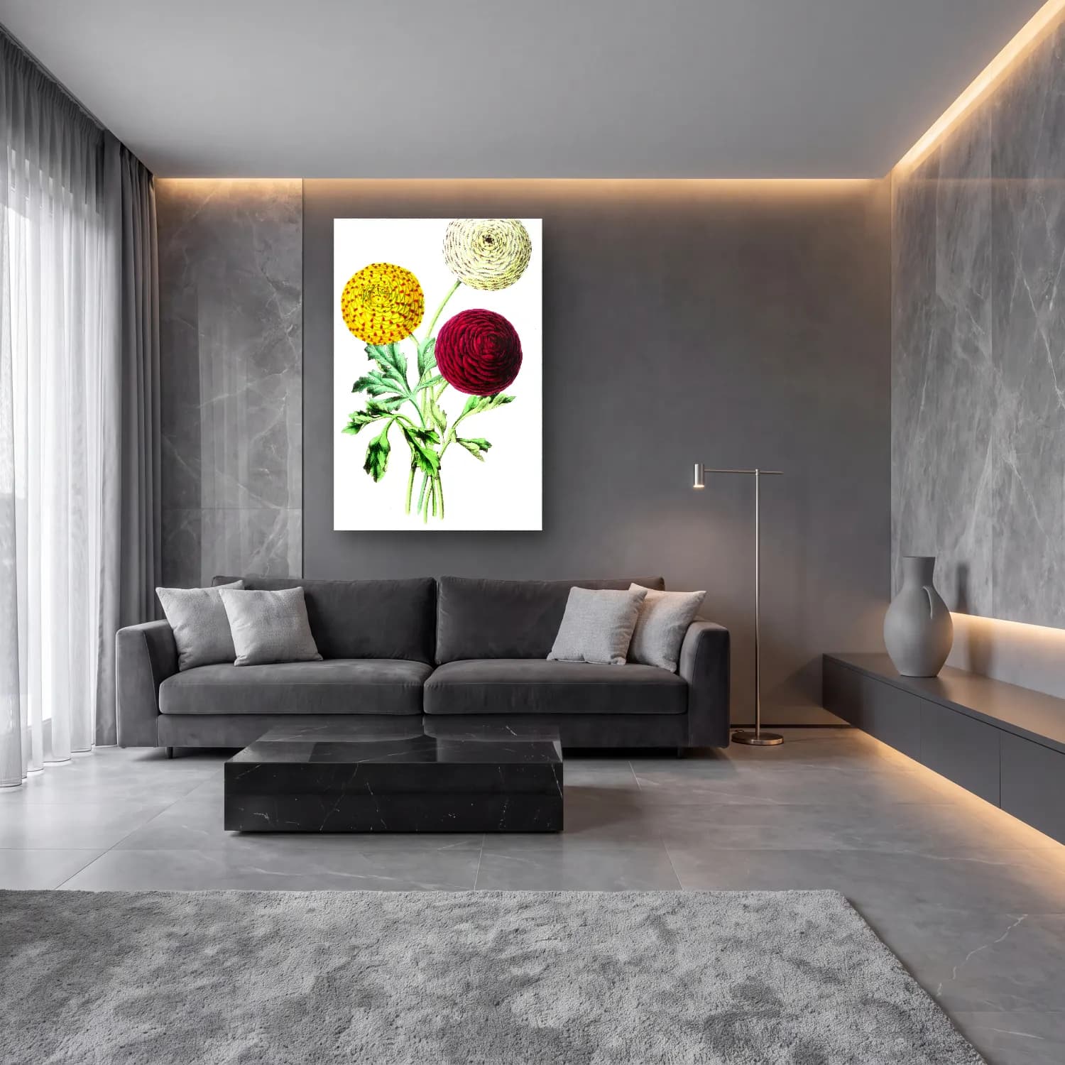 Botanik İllüstrasyon Çiçek Deseni No. 42 cam tablo — lüks salon duvarında