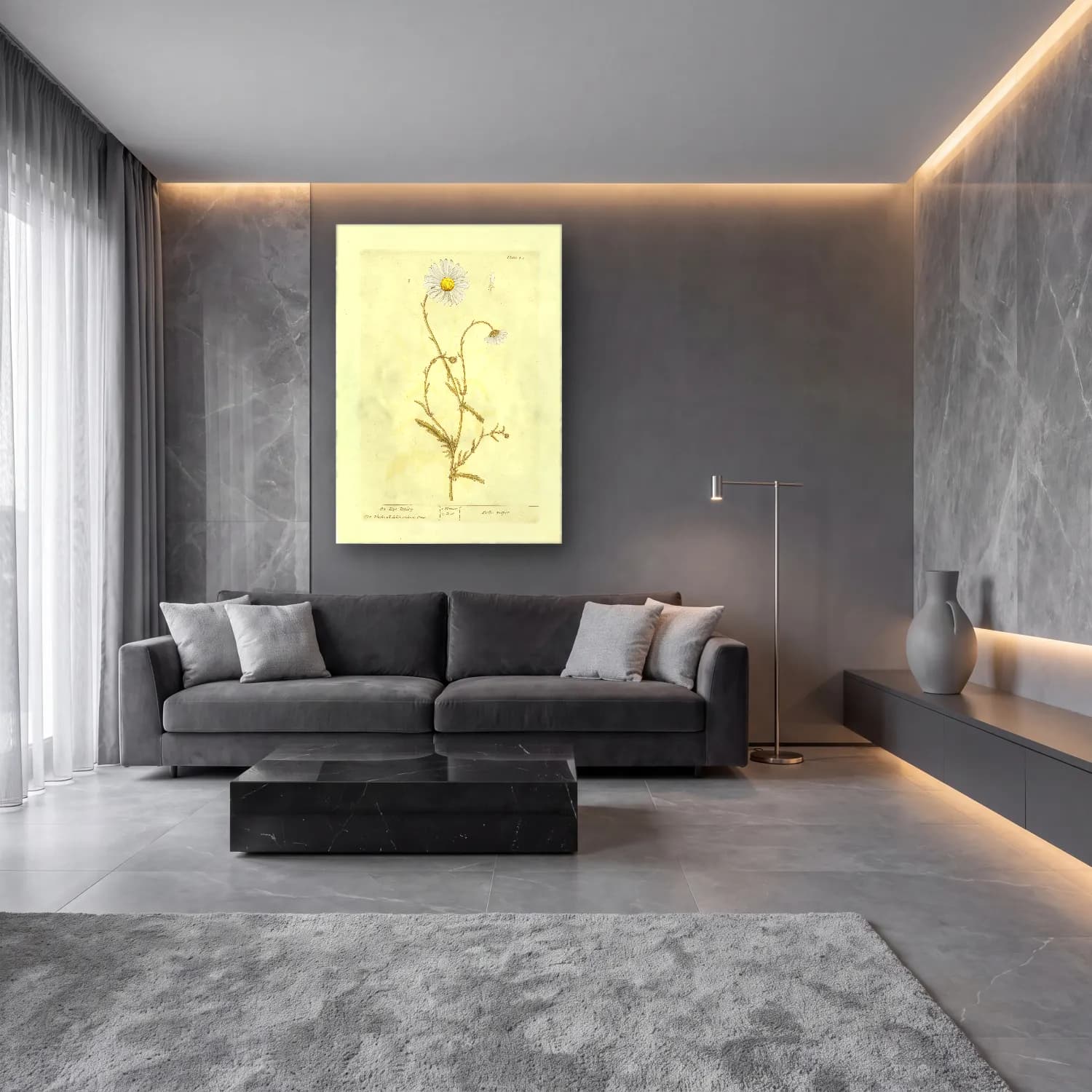 Botanik İllüstrasyon Papatyalar No. 4 cam tablo — lüks salon duvarında