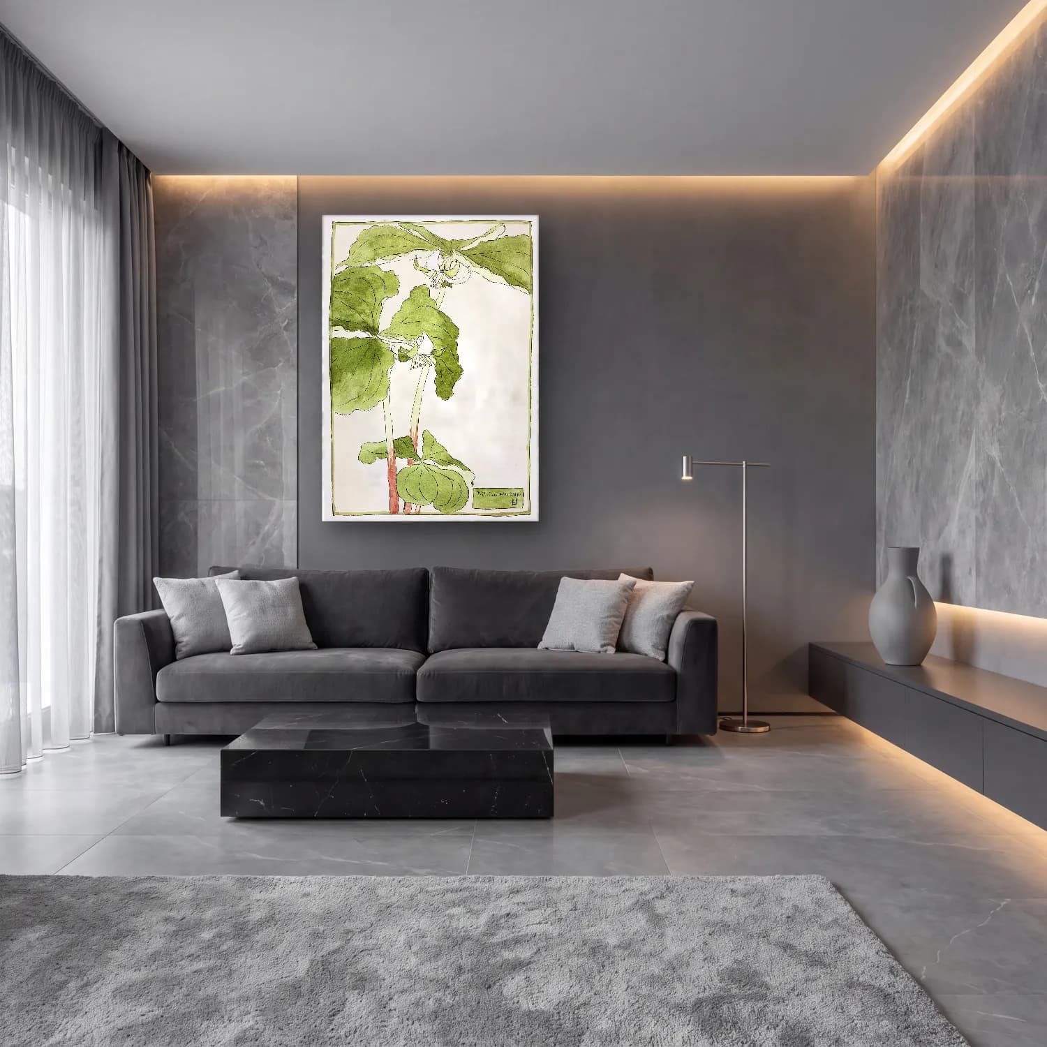 Botanik İllüstrasyon Lotus Çiçekleri – Yeşil Tonlar cam tablo — lüks salon duvarında