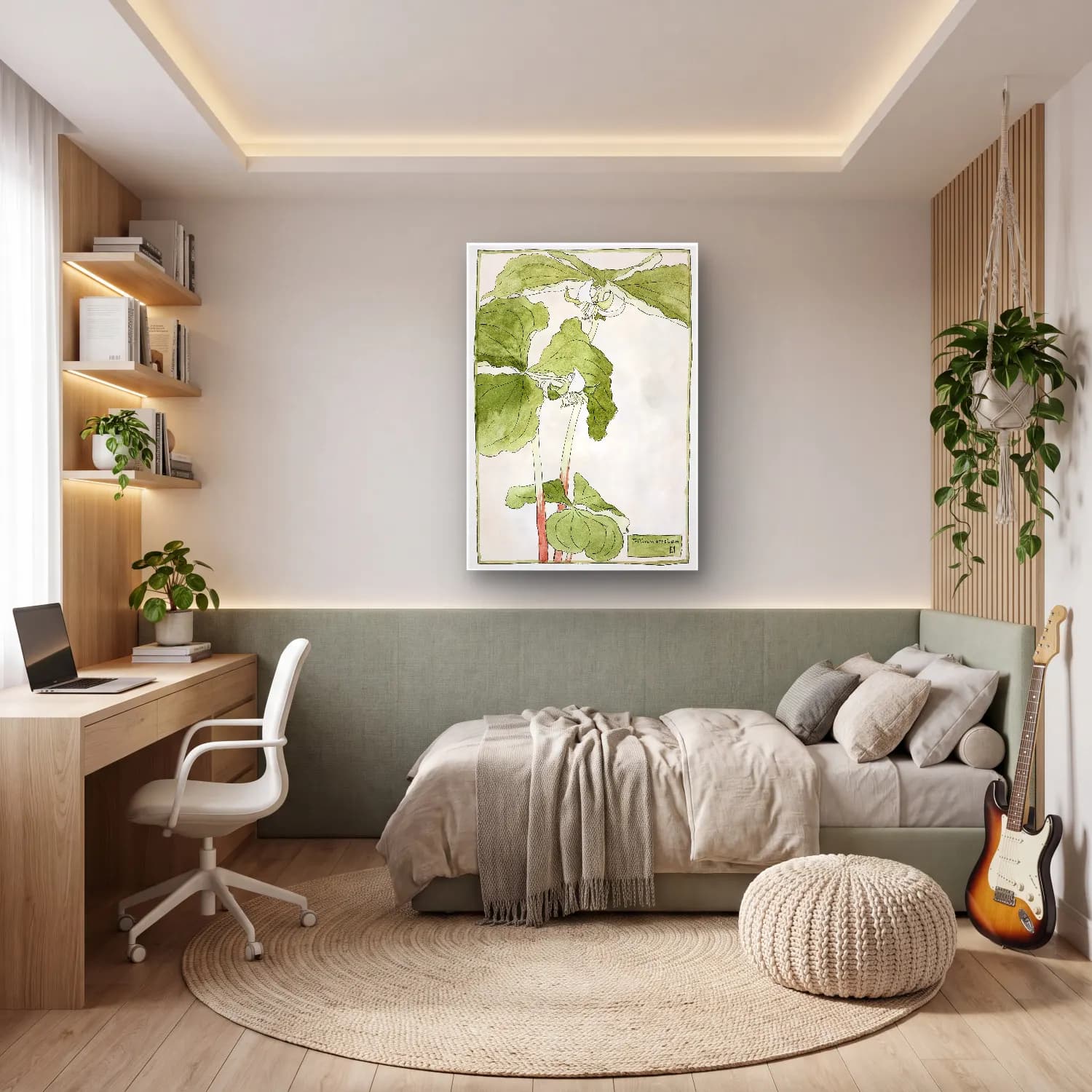 Botanik İllüstrasyon Lotus Çiçekleri – Yeşil Tonlar cam tablo — genç odasında
