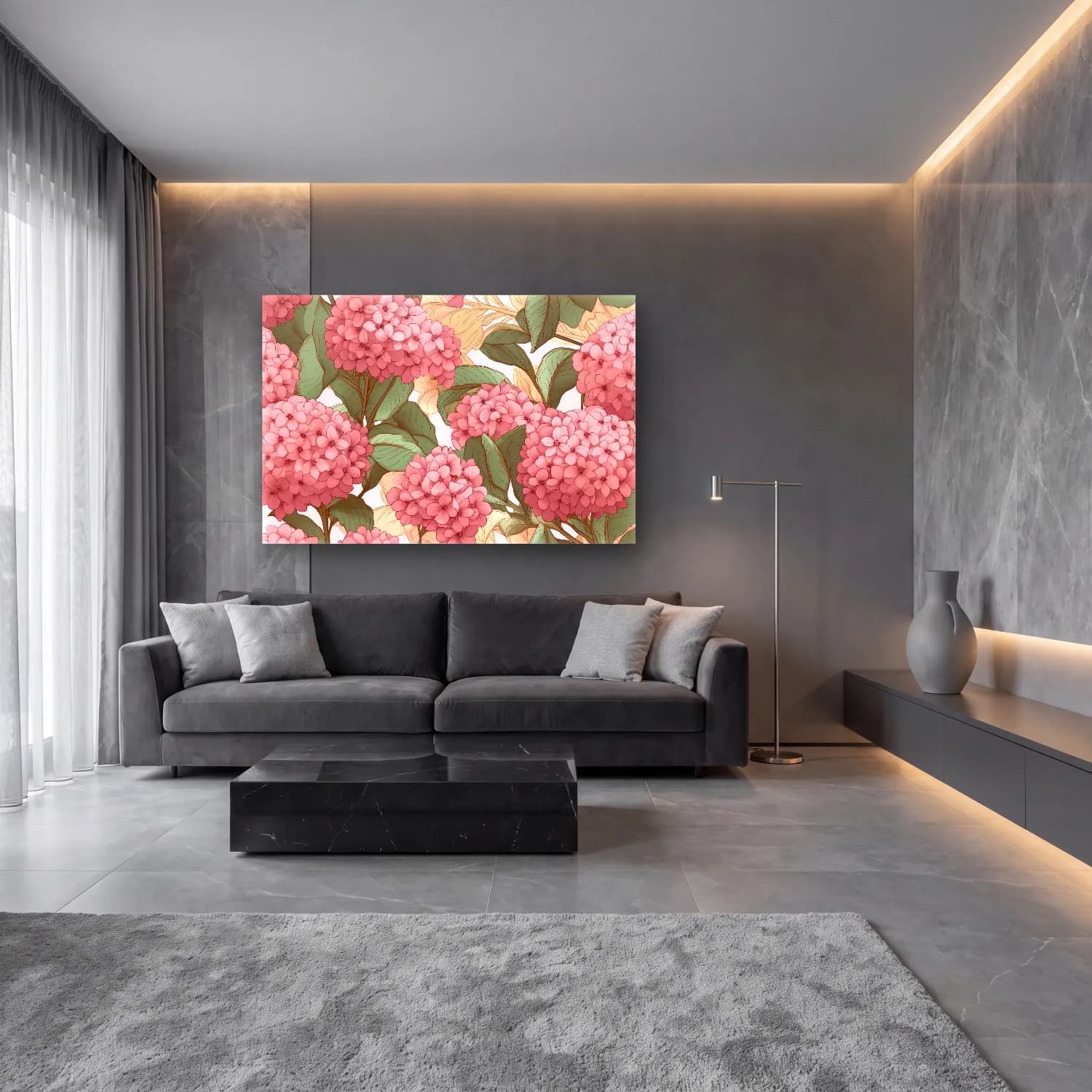 Pastel Ortancalar – Pembe Tonlar cam tablo — lüks salon duvarında