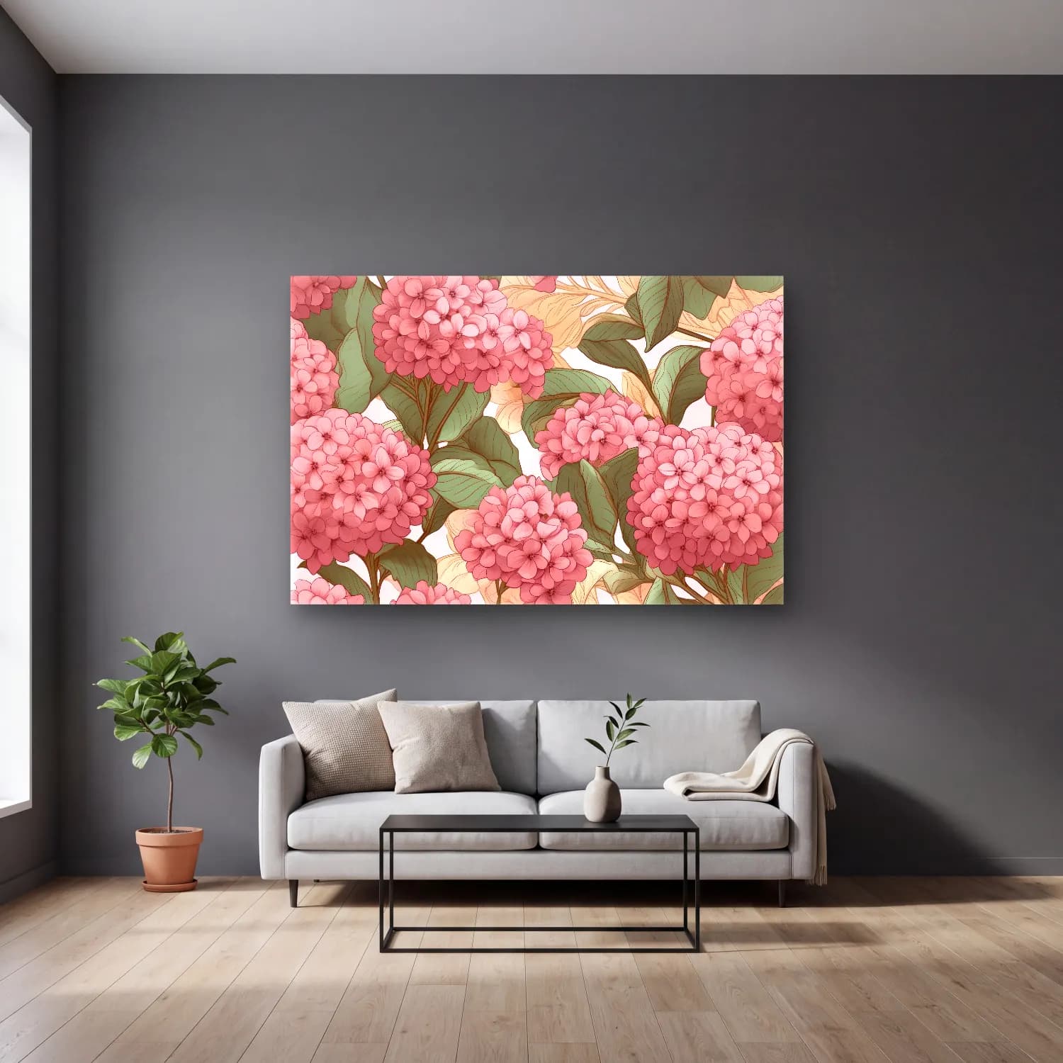 Pastel Ortancalar – Pembe Tonlar cam tablo — gri duvarlı salonda