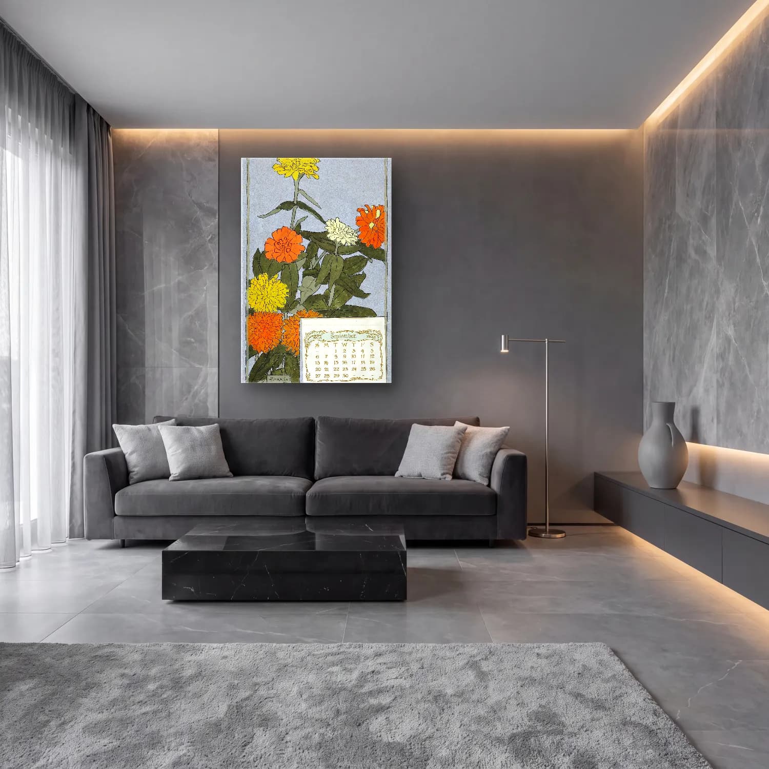 Botanik İllüstrasyon Çiçek Bahçesi No. 9 cam tablo — lüks salon duvarında