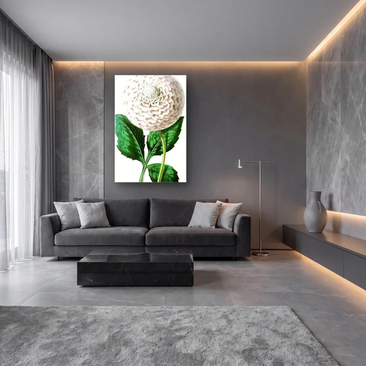 Botanik İllüstrasyon Çiçek Deseni No. 45 cam tablo — lüks salon duvarında