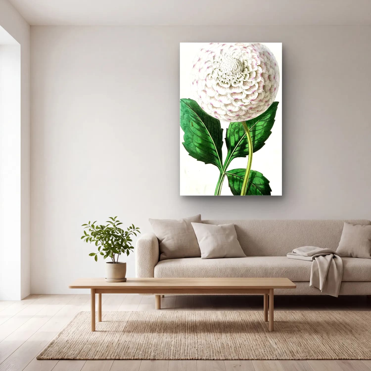 Botanik İllüstrasyon Çiçek Deseni No. 45 cam tablo — açık renk salonda