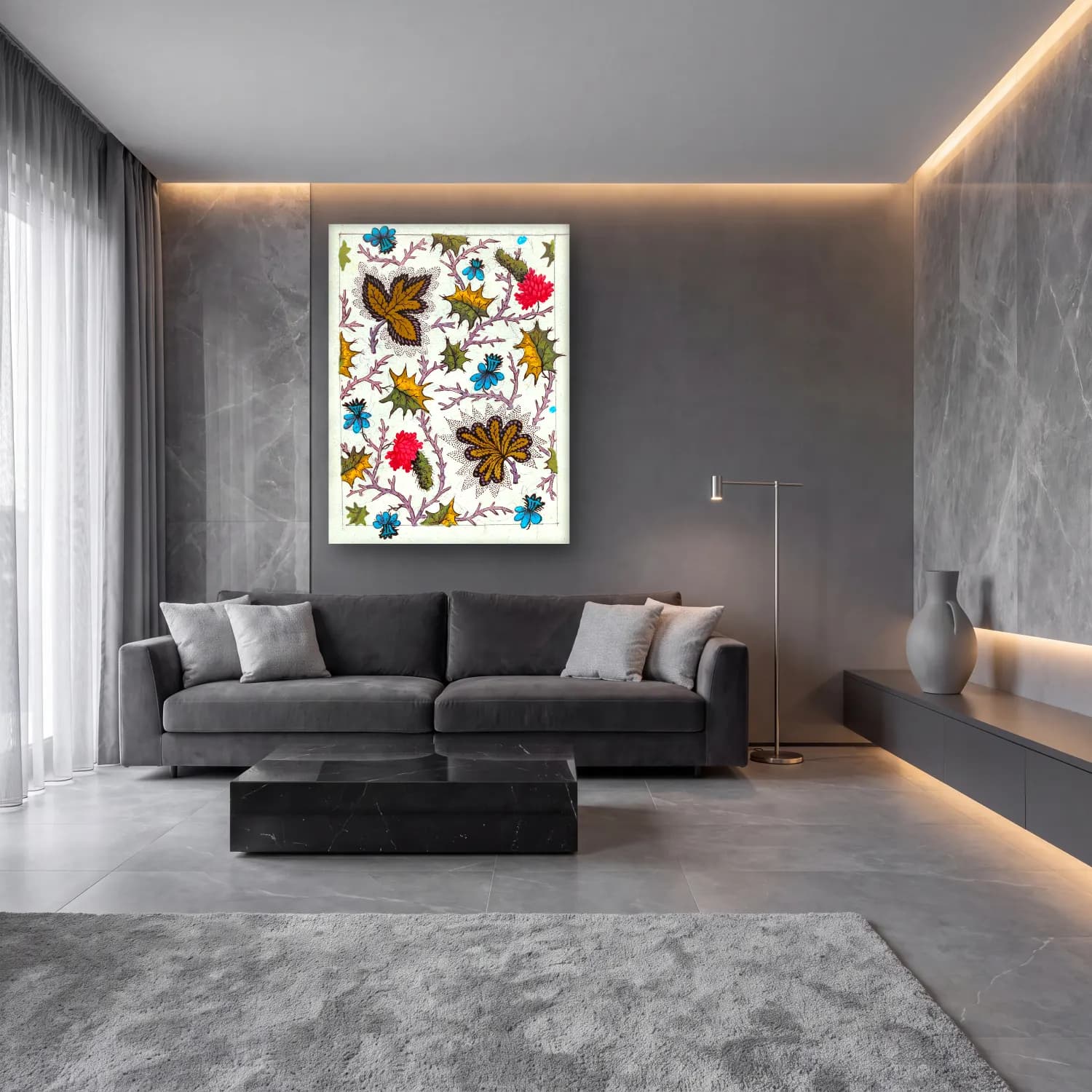 Botanik İllüstrasyon Çiçek Deseni No. 46 cam tablo — lüks salon duvarında