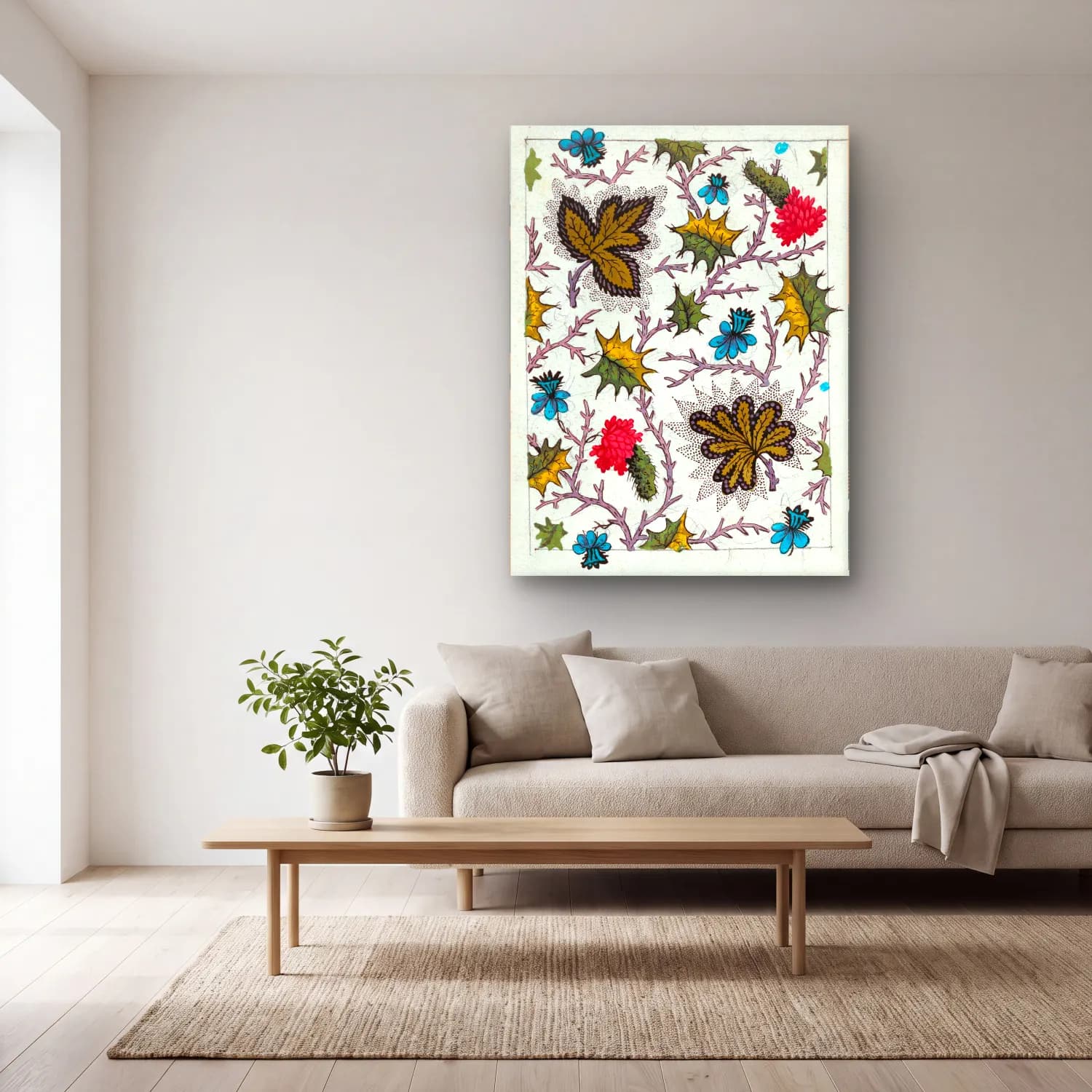 Botanik İllüstrasyon Çiçek Deseni No. 46 cam tablo — açık renk salonda