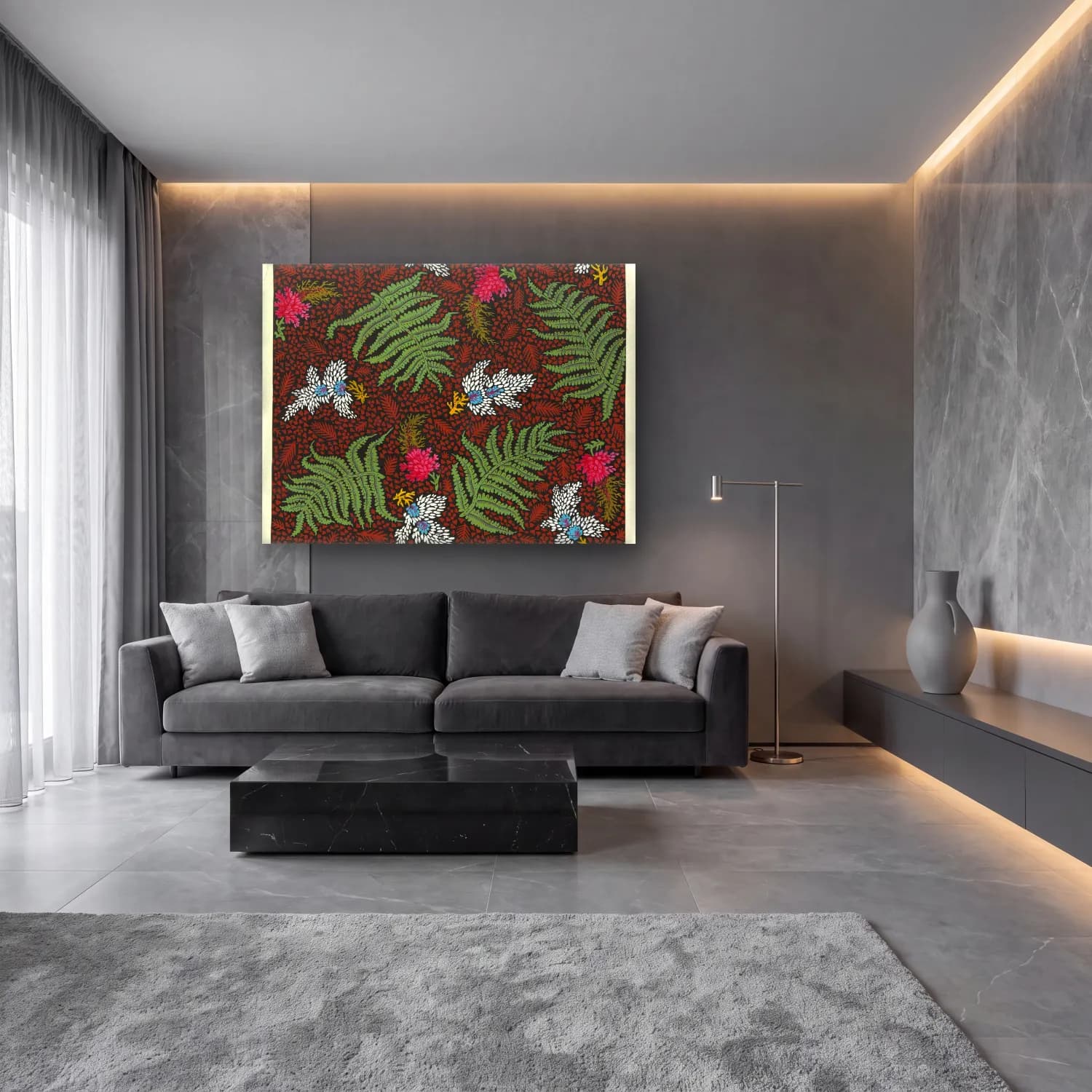 Maksimalist Çiçek Deseni No. 13 cam tablo — lüks salon duvarında