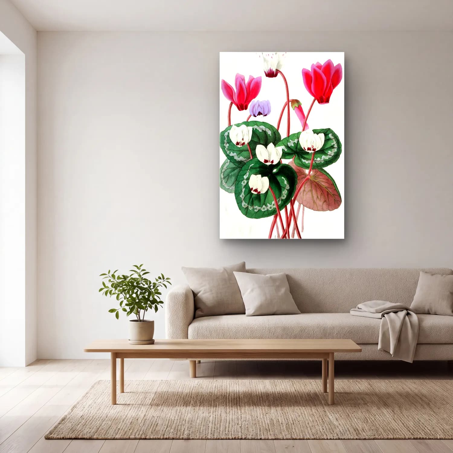 Botanik İllüstrasyon Lotus Çiçekleri No. 5 cam tablo — açık renk salonda