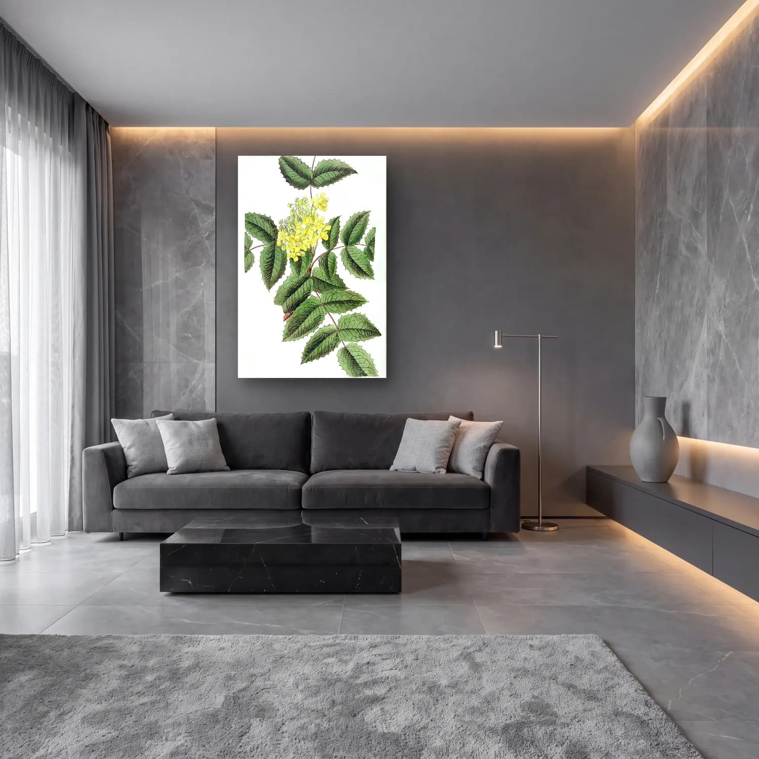 Botanik İllüstrasyon Limon Dalı No. 6 cam tablo — lüks salon duvarında