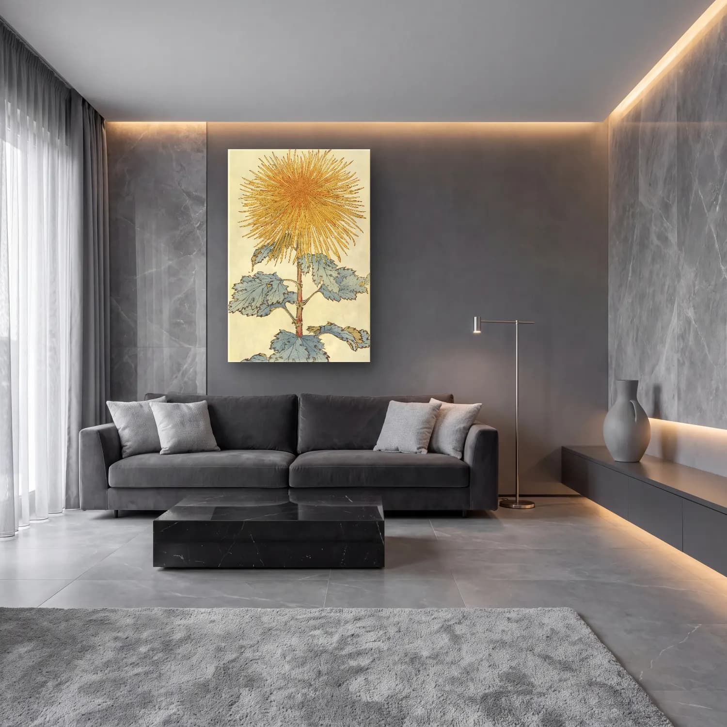 Botanik İllüstrasyon Çiçek Deseni No. 51 cam tablo — lüks salon duvarında
