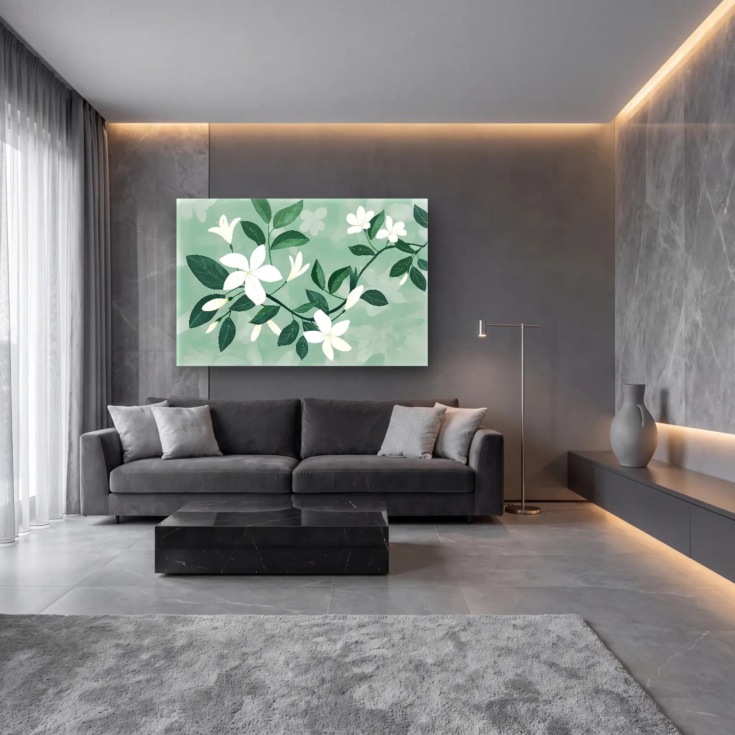 Botanik İllüstrasyon Çiçek Deseni No. 54 cam tablo — lüks salon duvarında