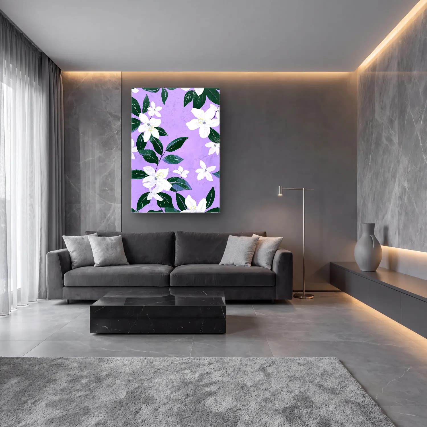 Pastel Çiçek Deseni No. 28 cam tablo — lüks salon duvarında