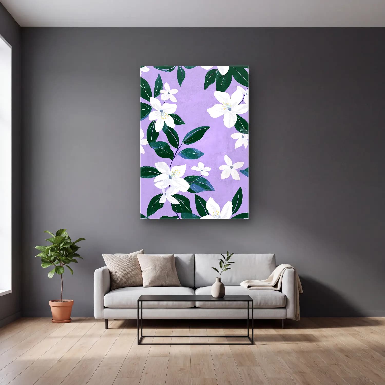 Pastel Çiçek Deseni No. 28 cam tablo — gri duvarlı salonda