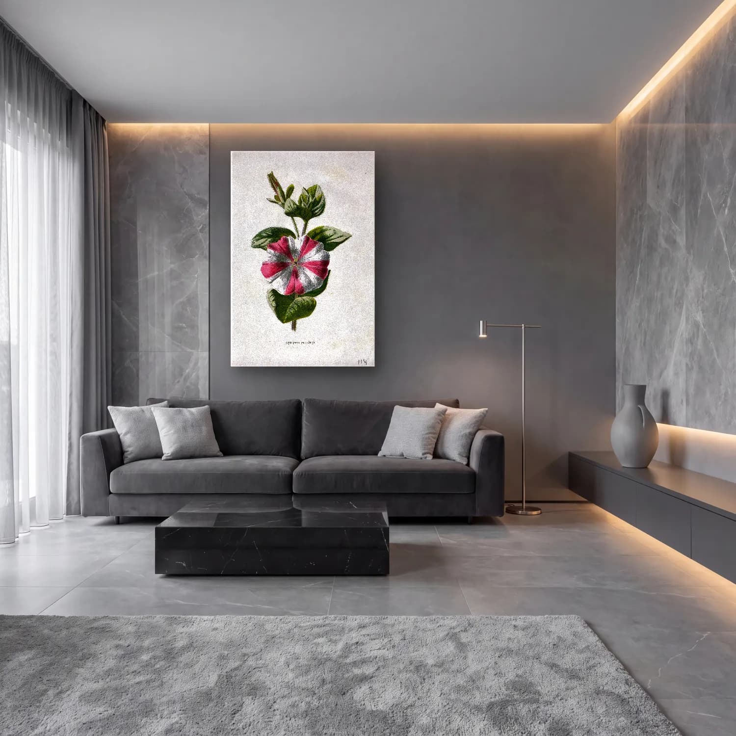 Botanik İllüstrasyon Çiçek Deseni No. 101 cam tablo — lüks salon duvarında