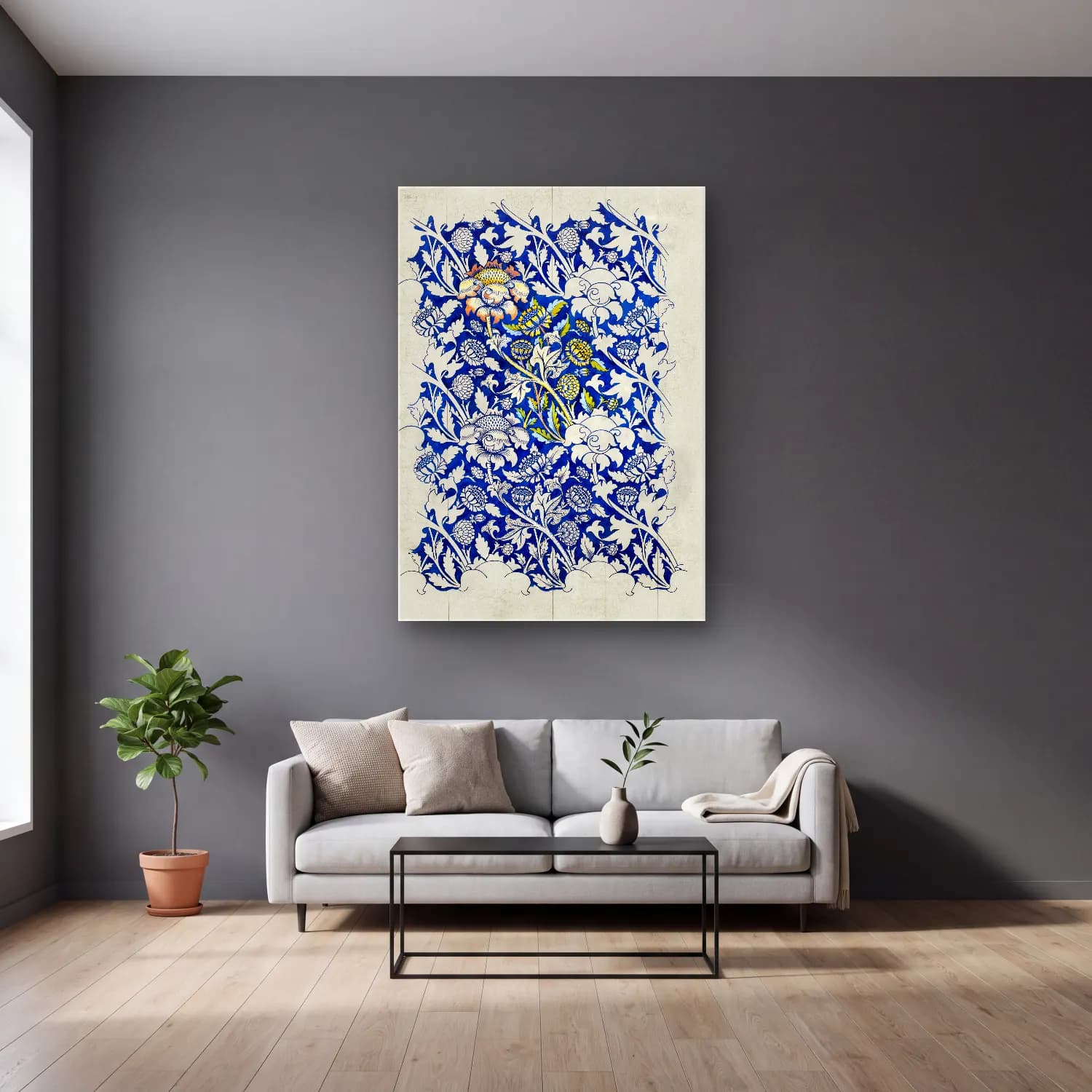 Botanik İllüstrasyon Çiçek Deseni No. 56 cam tablo — gri duvarlı salonda