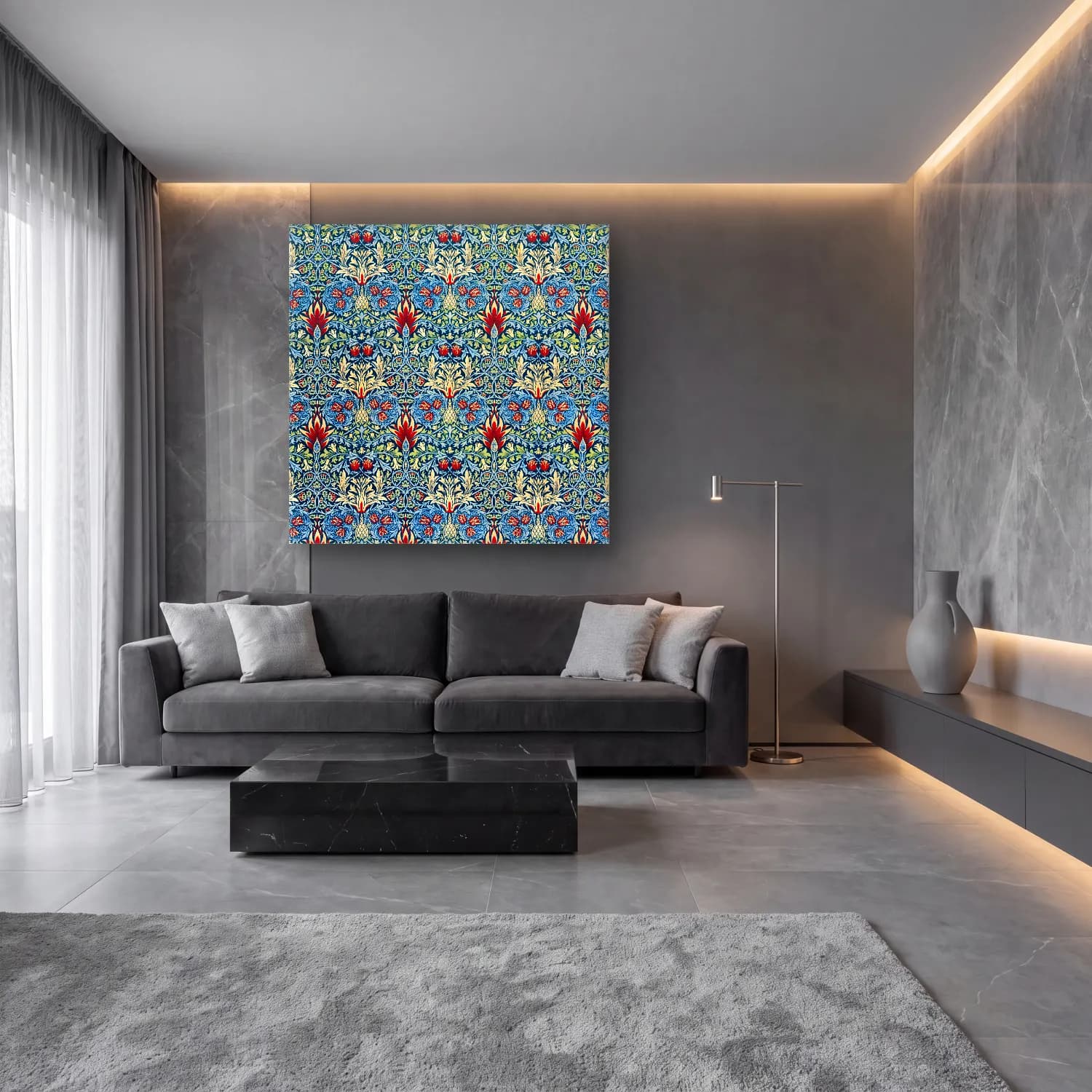 Maksimalist Çiçek Deseni No. 14 cam tablo — lüks salon duvarında