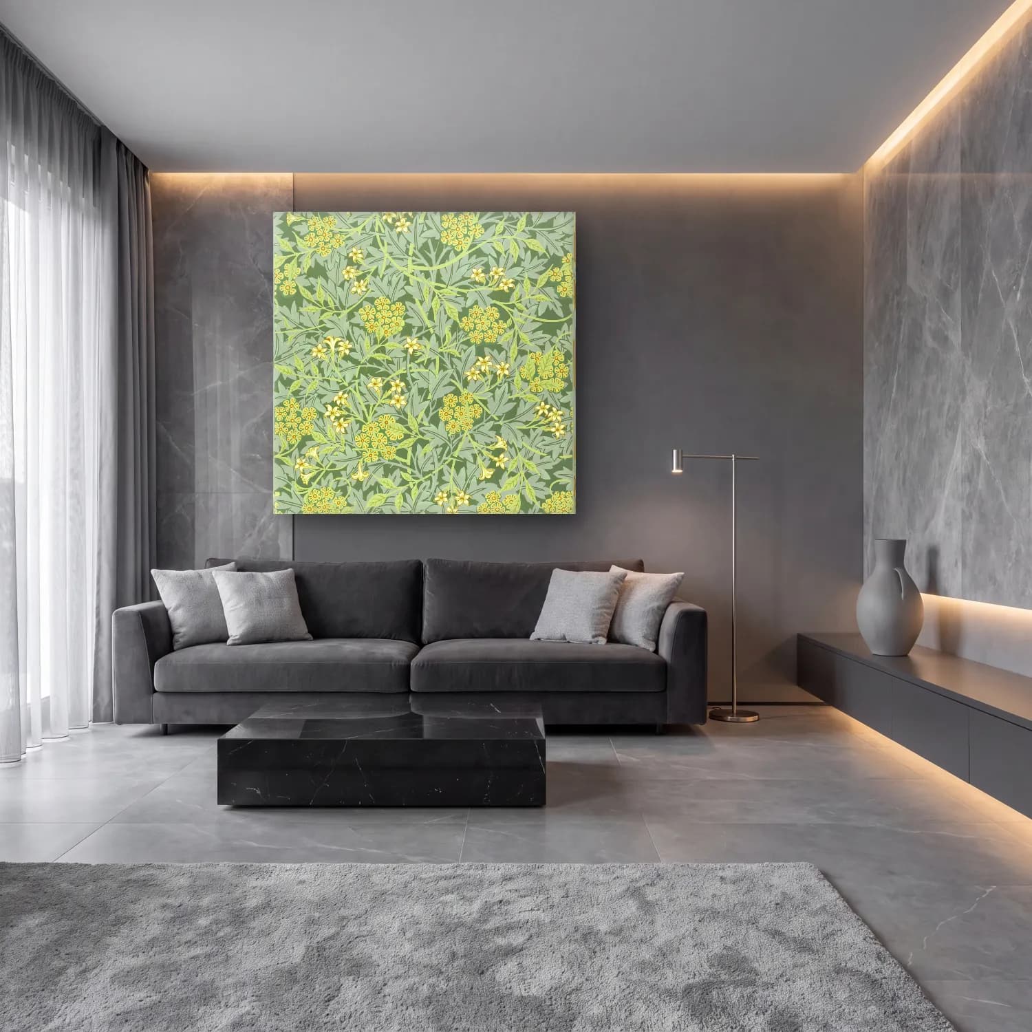 Botanik İllüstrasyon Çiçek Deseni No. 63 cam tablo — lüks salon duvarında